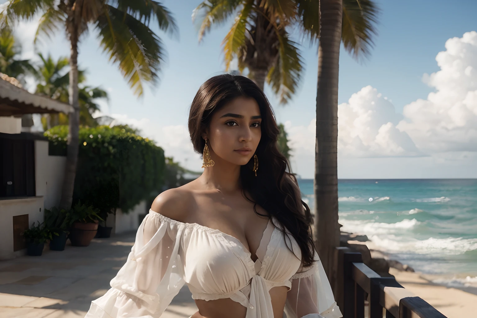 Beach background, cute indian girl, vivacious, looking at the viewer and smiling with dimples seen on the face, shining skin, perfect lighting, the embodiment of grace and elegance, provocative pose, smiling seductively, wearing saree,very little cleavage,clear curvy details, beautiful curves, detailed eyes, detailed pupil, long shining hair, volumetric lighting, Ultra Detailed, unity 8k wallpaper, ultra detailed, aesthetic, masterpiece, best quality, photorealistic