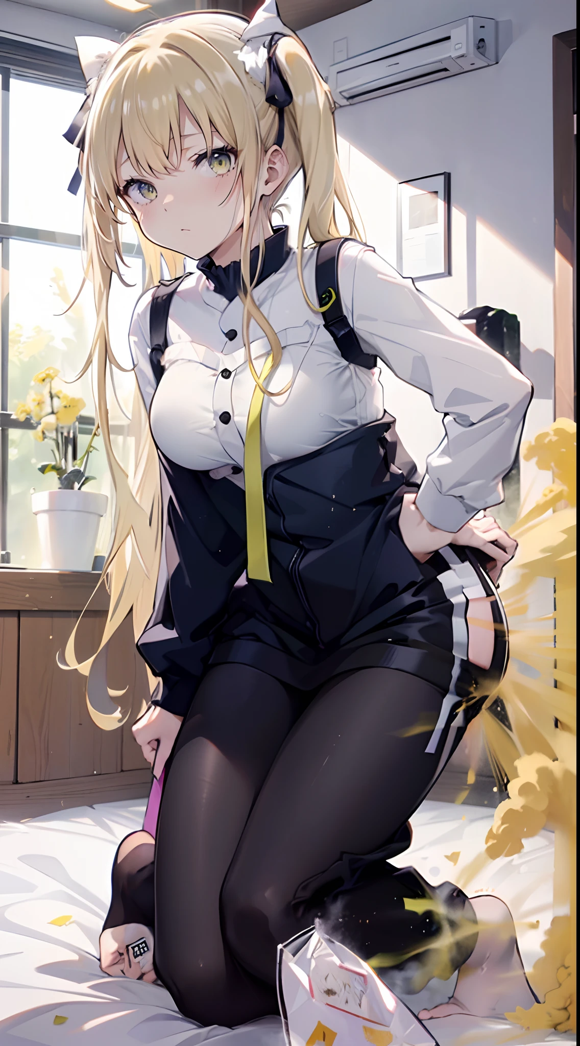 ((masutepiece, hight resolution,depth of fields, 4K,nffsw,))),Sawamura Spencer Eri々,a blond,Twin-tailed,Girl fart,You are smelling bad smells,Yellow smoke,Leaning forward,all-fours