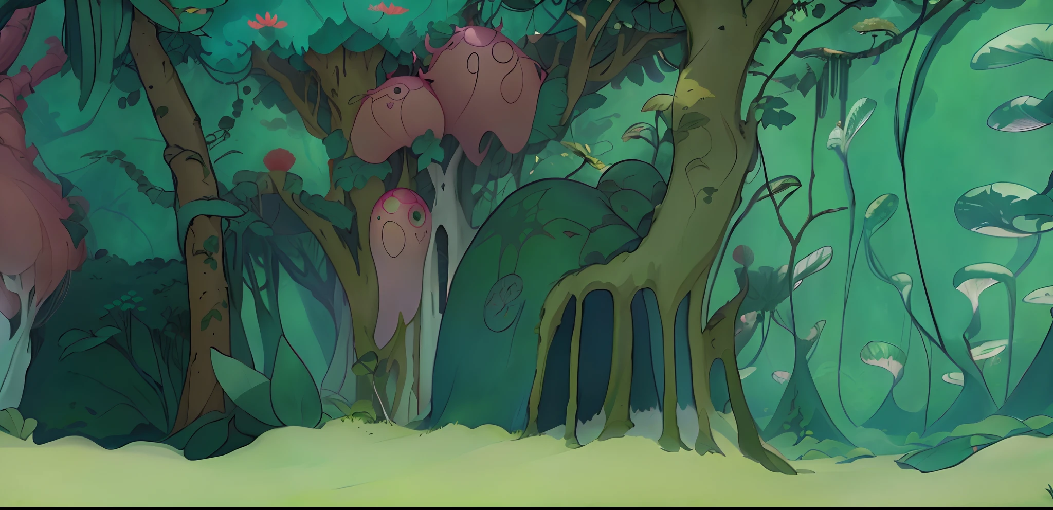 cartoon of a forest with a lot of different animals in it, alien forest in background, forestpunk background, forrest background, elf forest background, background art, background artwork, animated episode still, anime lush john 8k woods, forest backdrop, overgrown with shiny blobs, strange alien forest, forest in the background, magical forest background, forest in background