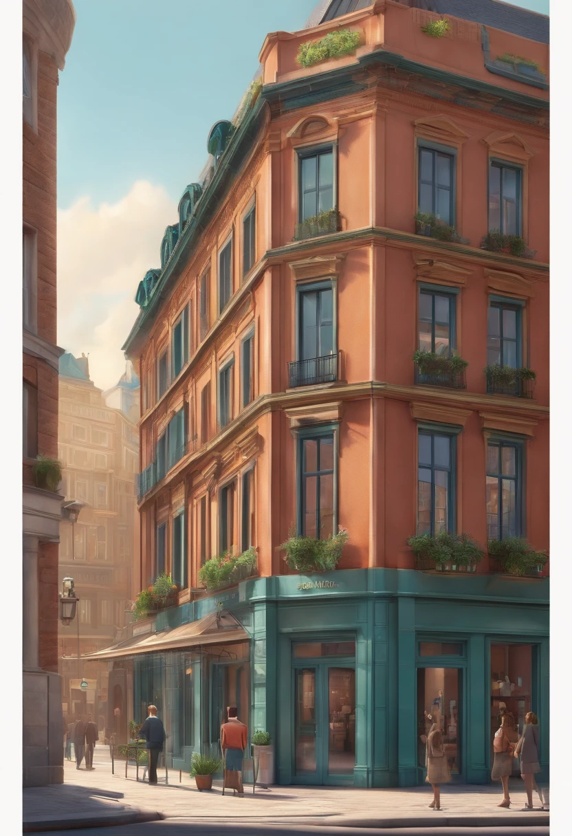 Pixar 3D-style drawing of a slimming clinic in the city center with a character in the foreground