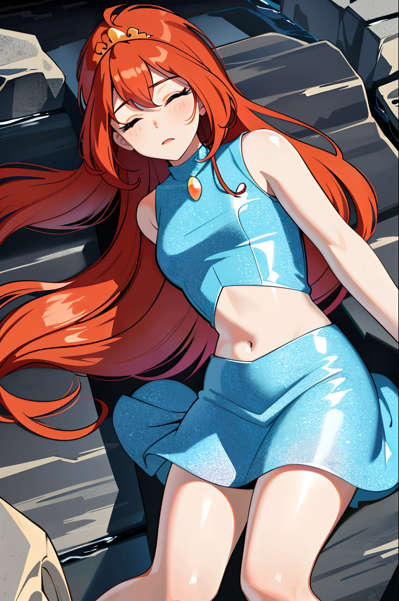 Bloom is lovingly languid on the ground, losing a tough battle in a dark cave. Bloom can't move from her prone position and unable to breath or open her eyes. (Bloom), (orange hair, blue eyes, bangs, long hair), (fairy outfit), (blue croptop, sleeveless, midriff, short blue skirt, sparkling clothing, fairy wings, tiara, languid on the cave ground), (Bloom languid, prone defeated:1.5) (black background, cave walls, spider webs:1.3), (anime style:1.4), (masterpiece:1.2), (Bloom prone on the ground:1.4), (full-body-shot:1),(Cowboy-shot:1.2), torch lighting, dark oppressive lighting, (highly detailed:1.2), (detailed face:1.2), (gradients), closed, shut eyes, head on the ground, shallow breathing , (detailed landscape:1.2), (natural lighting:1.2), (dynamic passed out pose:1.2), (solo, one person, 1girl:1.5),