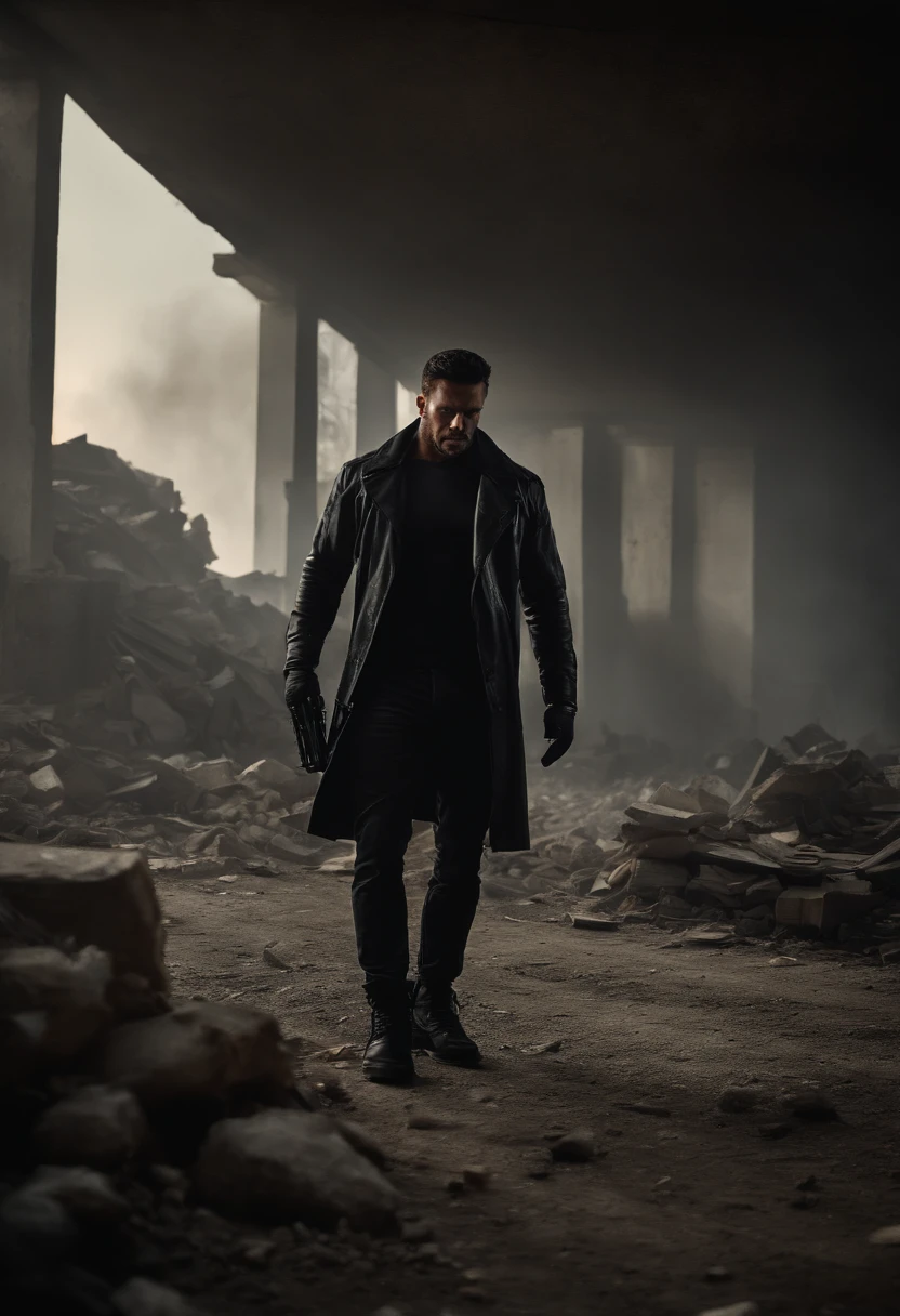 "(Best quality,4K,8K,highr,Master parts:1.2),ultra - detailed,(Realistic,Fotorrealista,photo-realistic:1.37),sportrait,Semi-stylized,hight contrast,bravery,single body,dark ambiance,male people,the Punisher,Skull logo,full bodyesbian,Focused eyes,determined expression,fit physique,armure,Black leather jacket,bulletproof vest,Combat boots,Armed with twin pistols,Tactical gloves,Background of the demolition of the ruins of the city,smoke and debris,The light from the back window is backlighted,Use a single spotlight,Dramatic lighting"