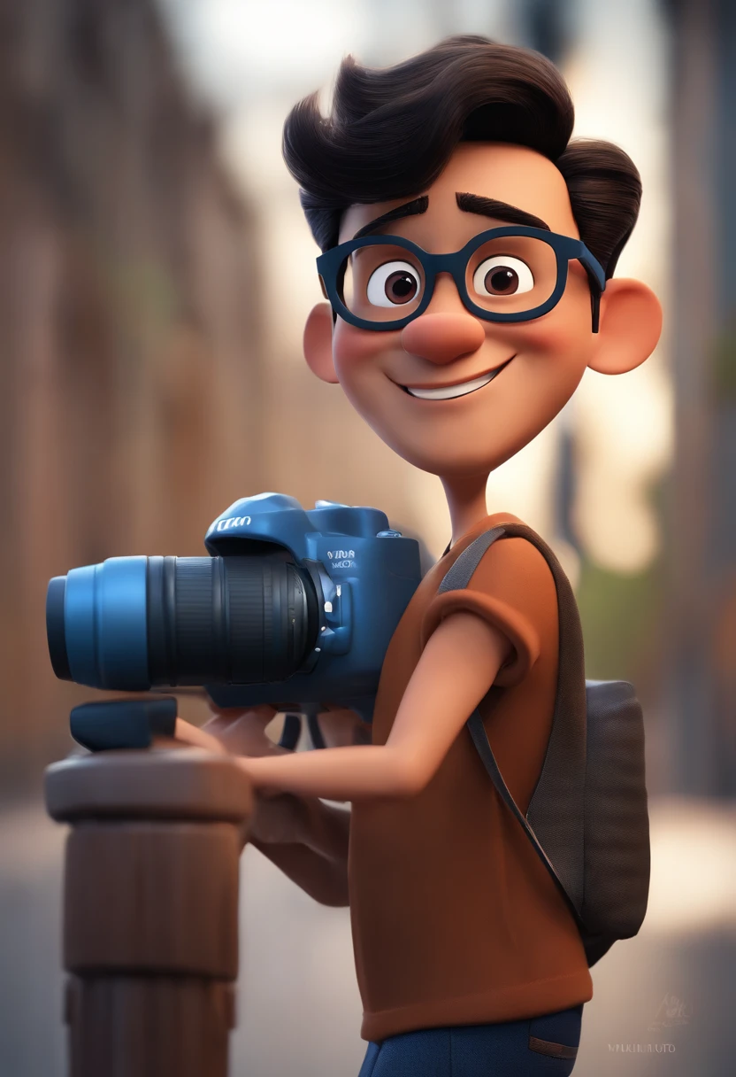 Cartoon character of a man with black glasses, cabelo cacheado marrom escuro e uma camisa azul, animation character, Caractere estilizado, animation style rendering, 3D estilizado, Arnold Maya render, 3 d render stylized, toon render keyshot, Personagem 3D, Personagem 3D, 3d rendering stylized, 3 d character render, personagem de desenho animado, Personagem de close up, Pose de personagem, (Estilo Pixar) (master part:1.2) (Bokeh) (best quality) (pele detalhada) (textura detalhada) (8k) (argila) (Cinematic lighting) (foco nítido