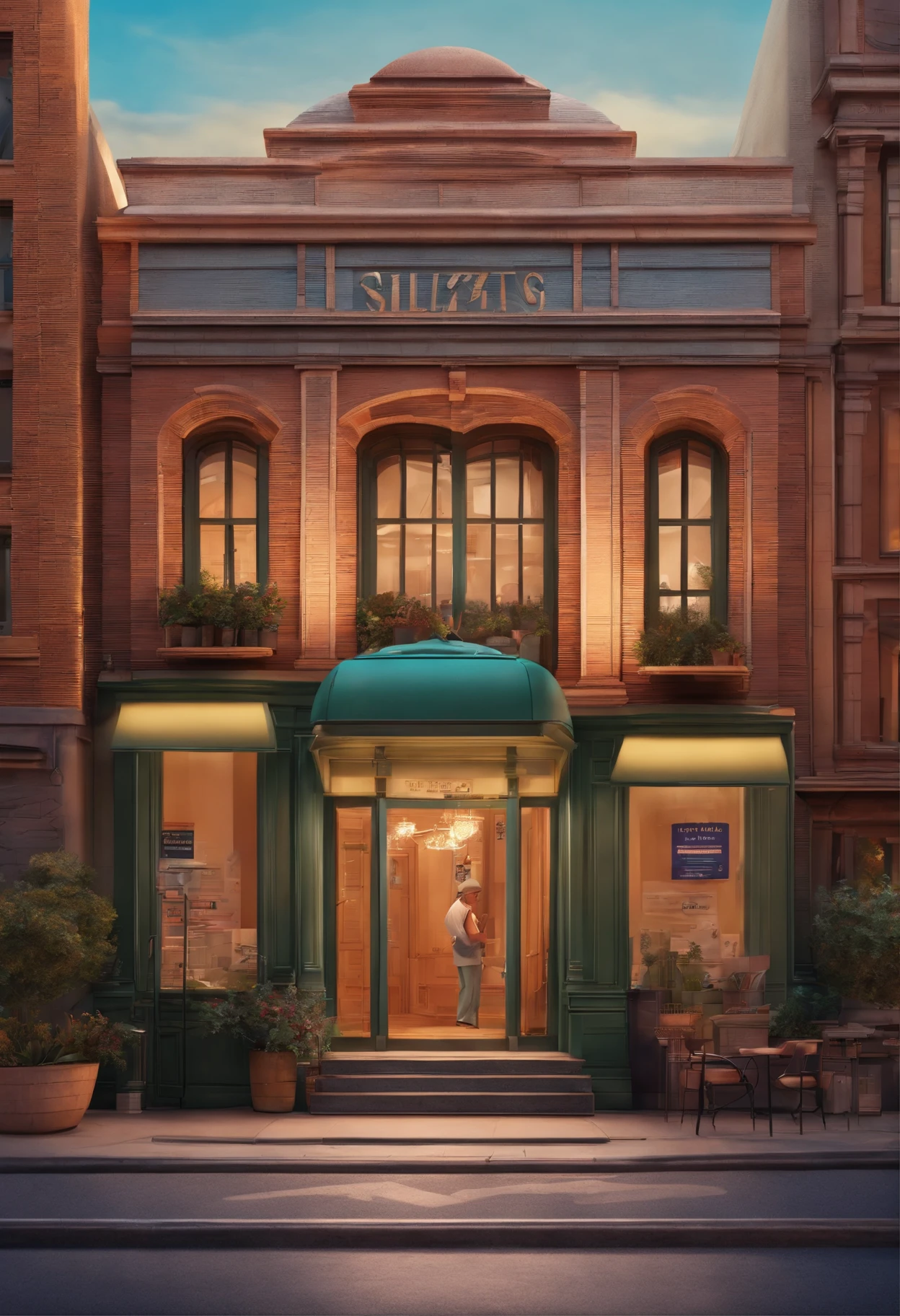 Pixar 3D-style drawing of a slimming clinic in the city center with a character in the foreground