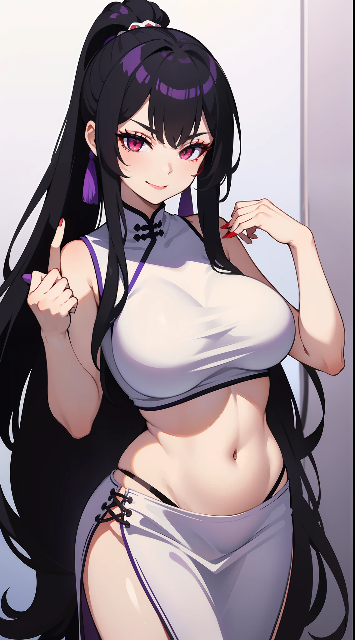 High tail hairstyle, two Ponytail hairstyle, Ponytail hairstyle, Long wavy black hair, standing posing, anime girl style, pixel art anime style,penetrating look with deep eyes,red and purple eyes, hair with a ponytail hairstyle trapped with a big red bun, women, red hair clips, x color shaped hair clips , smiling face blush, next to his bed, Skirt, tank top, Black hair, big thighs, NSFW, Skirt fluttering in the wind, perfect panty, from below, viento levantando su Skirt haciendo que se le vea el panty, hands in fist , Skirt fluttering in the wind, Skirt levantada, 