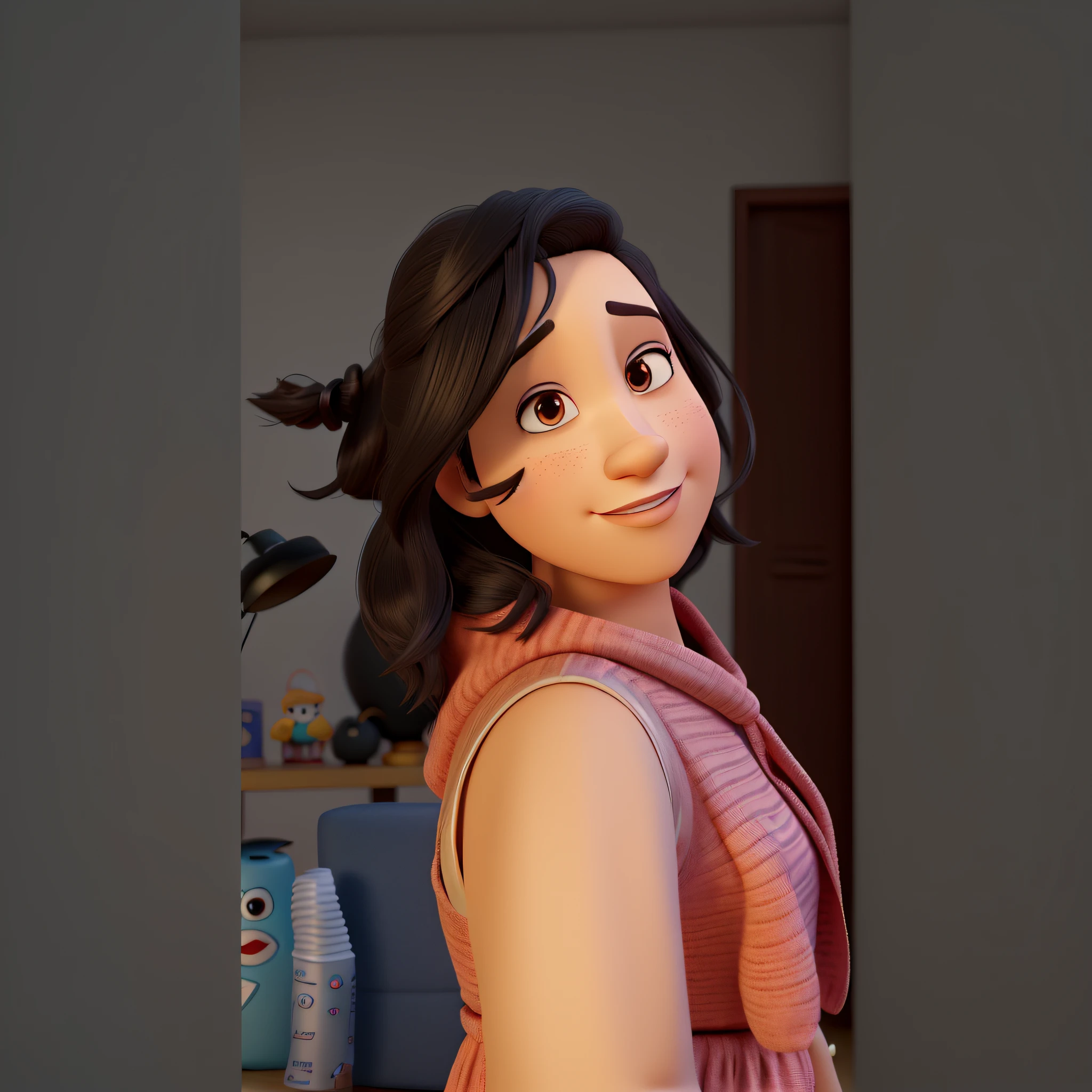 Create a female character with identical features based on the physiognomy of the image,. Caractere estilizado, animation style rendering, 3D estilizado, Arnold Maya render, 3 d render stylized, toon render keyshot, Personagem 3D, Personagem 3D, 3d rendering stylized, 3 d character render, personagem de desenho animado, Personagem de close up, Pose de personagem, (Estilo Pixar) (master part:1.2) (Bokeh) (melhor qualidade) (pele detalhada) (textura detalhada) (8k) (argila) (Cinematic lighting) (foco nítido)