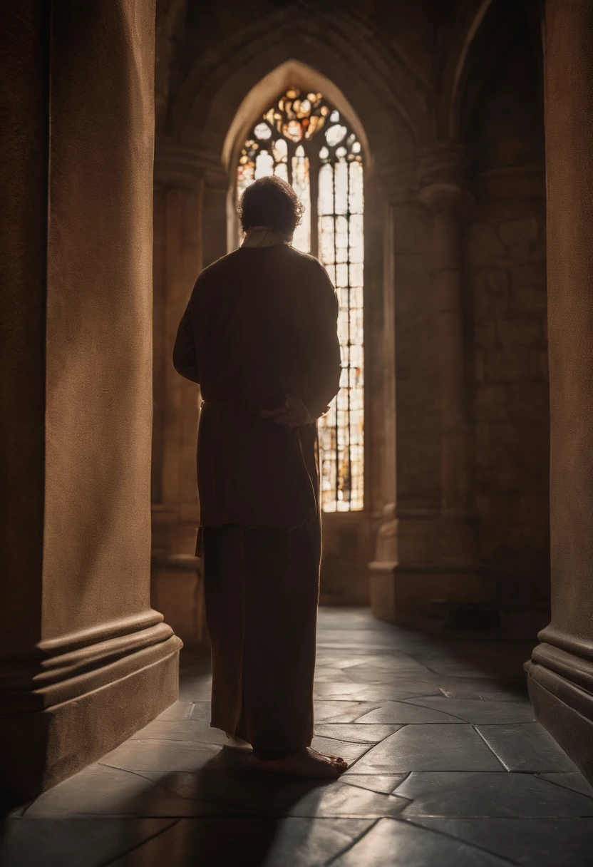 Highly Detailed Landscape Photography of An  (bearded, rough Brown skinned, (middle aged)) unidentified human being (barely visible), having heart to heart conversation toward his/her Lord, expecting redemption, spiritual vibe, Raw, Realistic, Motion Picture, Cinematic, HDR,  (realistic:1.3), finely detailed, quality, (masterpiece:1.2), (photorealistic:1.2), (best quality), extremely detailed skin, (intricate details), panoramic, dramatic, photo-realistic portrayal, photographic masterpiece, nature lighting [Notre Dame Cathedral: entire entrance HDR ], Middle Ages Era Cathedral, illuminaty, secret society, Sun Ray reflected crystal clear marble floor, stoned artifacts of Jesus Christ crucified, Masterpiece, Depressing but bring  surrounding, Metalcore, film grain, Sony A7, 35mm, ((photorealistic):1.1), (raw, 8k:1.2), dark, muted colors, slate atmosphere, RAW candid cinema, 16mm, 33mm, color graded portra 400 film, remarkable color, ultra-realistic, textured skin, extraordinary detailed pupils, realistic dull skin noise, visible skin detail, skin fuzz, dry skin, shot with the cinematic camera, detailed skin texture, (blush:0.5), subsurface scattering, RAW, Top best quality, masterpiece, 128 fps, realistic depth, extreme detailing, ARRI ALEXA 35 Production Set (15mm Studio), 128-bit color depth, film arain. Fujifilm XT3, 80mm, 60 fps, candid shot, Hasselblad X1D, dutch angle shot,