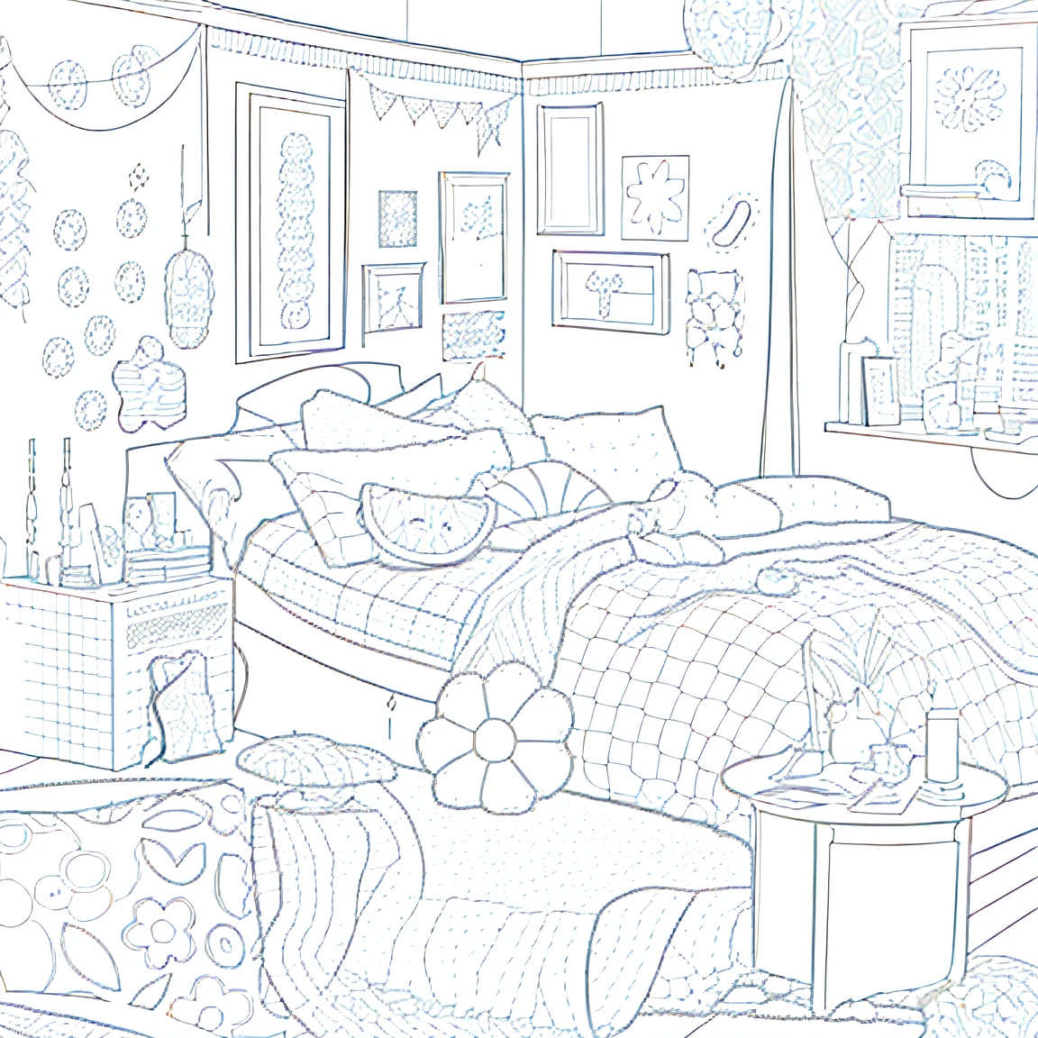 (line art), coloring page of a room, decorations