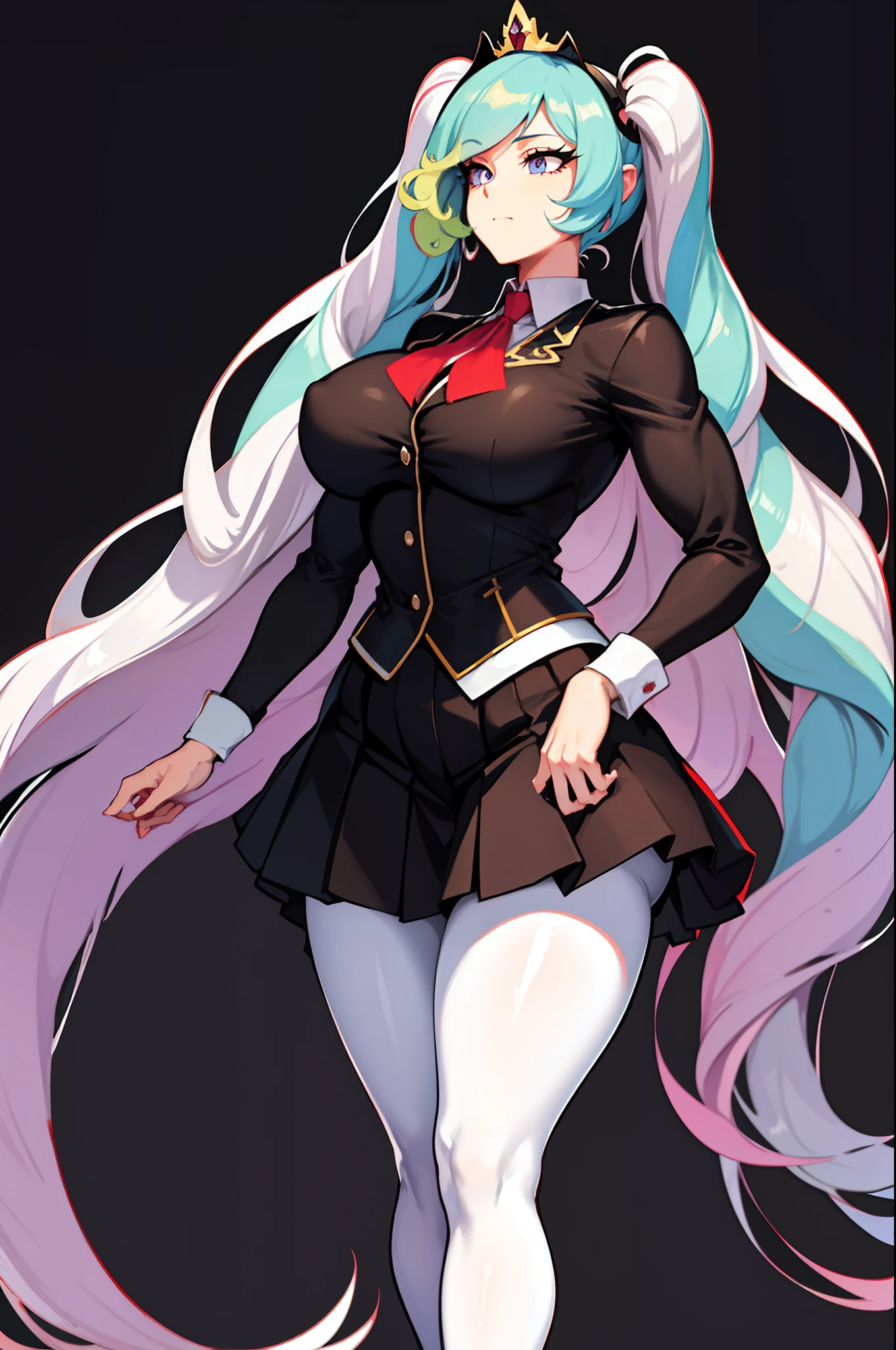 (from front), walking princess_celestia wearing a black school uniform, looking away, scene is city street, extremely long hair perfect anatomy tall solo curvy ((muscular)) leggings toned body, best quality, masterpiece, 1girl, solo, solo focus,  giant curly twintail, (twintail, drill), ojou-sama, black school uniform, red cravat with a white cross on it, black pantyhose, brown mary jane shoes, a black pleated skirt, with stunning blue eyes, large breasts, thick thighs, standing,