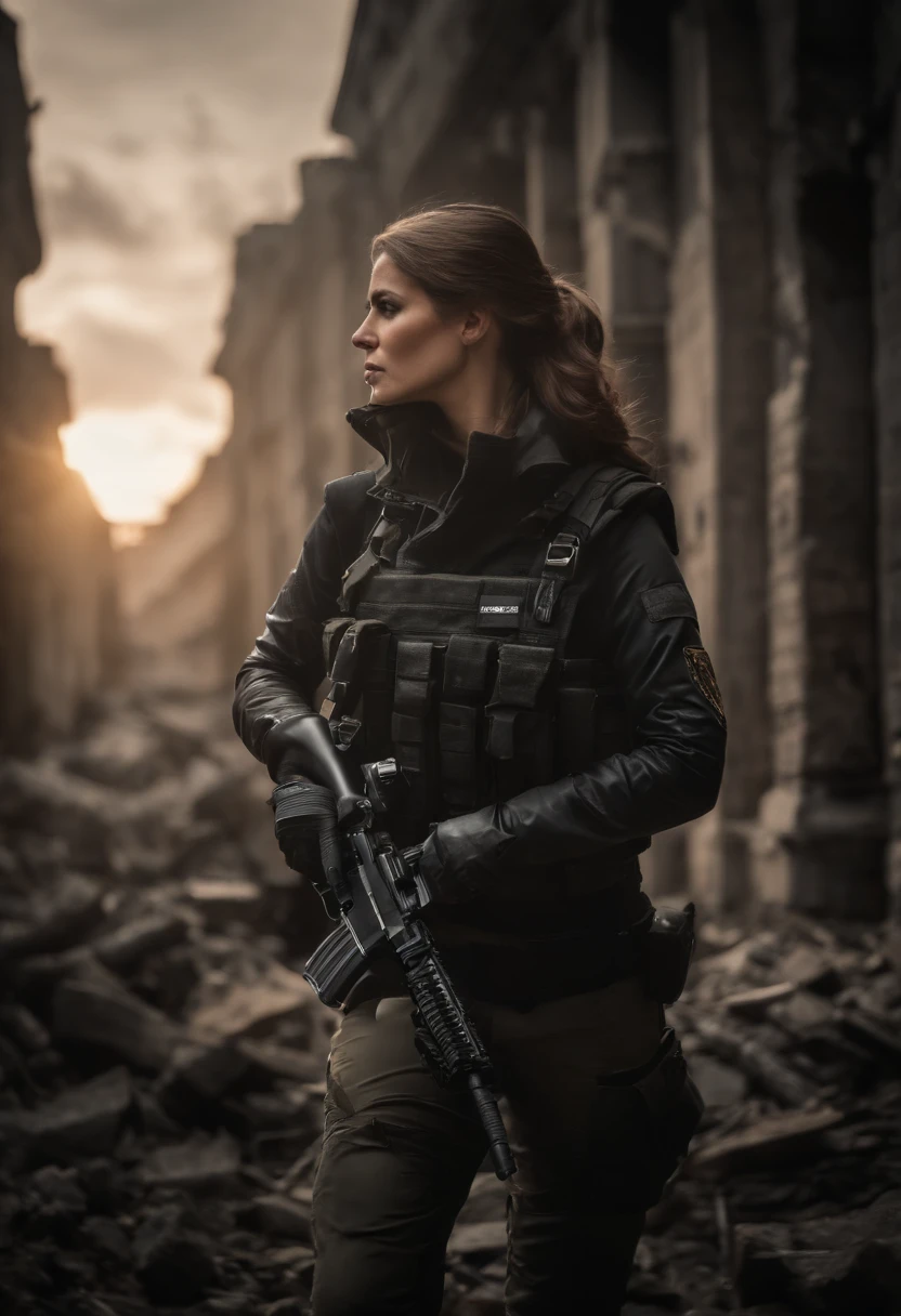 "(best quality,4k,8k,highres,masterpiece:1.2),ultra-detailed,(realistic,photorealistic,photo-realistic:1.37),portrait,semi-stylized,high contrast,gritty,monochrome,dark atmosphere,female version,The Punisher,skull logo,full body,standing,focused eyes,determined expression,fit physique,body armor,black leather jacket,bulletproof vest,combat boots,holding dual pistols,tactical gloves,background of demolished city ruins,smoke and debris,backlit with a single spotlight,dramatic lighting"