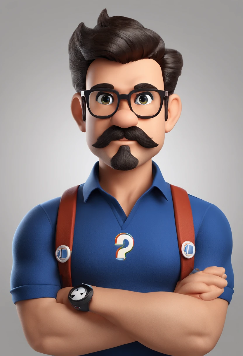 ((best quality)), ((master part)), ((desenhos animados realistas)), ((Personagem perfeito)) - Um retrato frontal meticulosamente detalhado e realista de um homem com cabelo raspado, glasses and a shirt with beautiful textures. O homem olha diretamente para o espectador, Establish a strong and confident presence. The image captures their distinctive facial features, accurately showing the brightness of your eyes and the design of your glasses. The black shirt is rendered with fine details, aumentando o profissionalismo do retrato. Enviado para documentos oficiais, this portrait is presented in impressive 8K UHD resolution, Ensure clarity and unique protection.