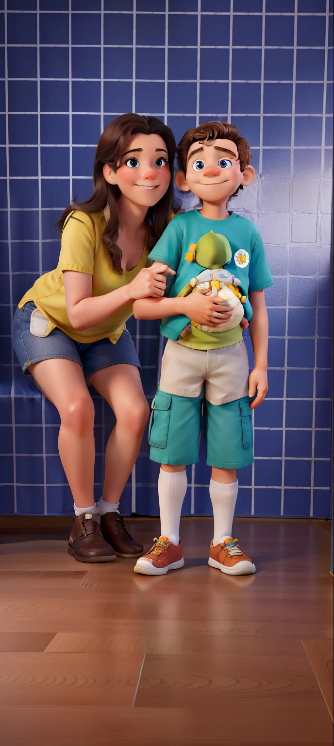 obra-prima, melhor qualidade, cabelo na altura do ombro castanho, olhos castanhos, Child physiotherapist holding a baby on his lap in a pediatric office.