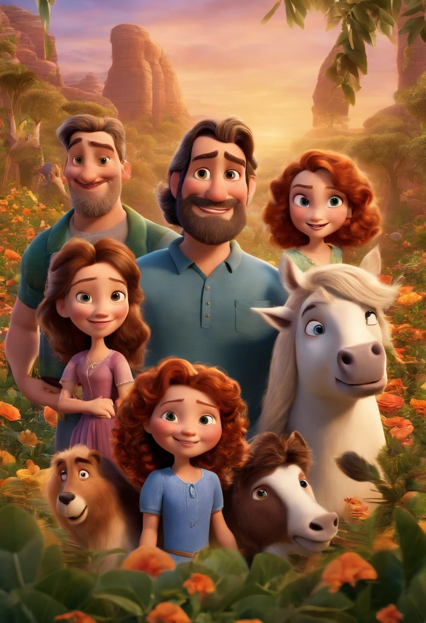 a Disney Pixar movie poster showing a white-skinned family. The father is the tallest, grande porte Tem barba longa, moreno, cabelos raspado. The mother has dark brown eyes and hair, shoulder-length and is slightly overweight. A menina tem 6 anos e cabelos castanhos escuro , roupa rosa e rabos de cavalo. The background is a beach garden. 3D-rendering