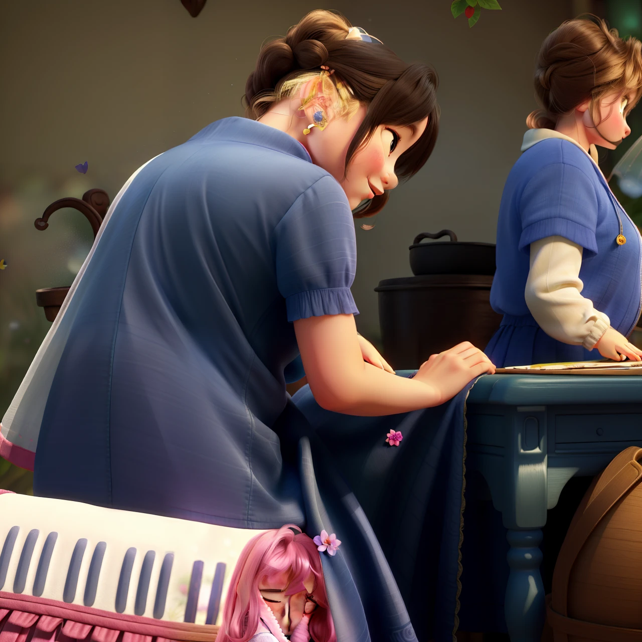 (best quality,4k,8k,highres,masterpiece:1.2),ultra-detailed,(realistic,photorealistic,photo-realistic:1.37),beautiful baby girl with small hair,adorable Disney Pixar,
vibrant colors,soft lighting,whimsical background,playful expression,cute outfit,fairy tale atmosphere,joyful atmosphere,wonder and innocence,magical ambience,warm and loving bond,parental love,precious family moment,
mother and daughter connection,heartwarming scene,motherly affection,tender embrace,giggles and laughter,affectionate gaze,sweetest smiles,enchanted garden,enchanted forest,sparkling fairy dust,blooming flowers,
dreamy setting,fluffy clouds,gentle sunlight,dappled shadows,colorful butterflies,dancing fireflies,happy memories,enchanted realm,fantasy world,pure and innocent love,motherhood bliss,cherished moments of joy.