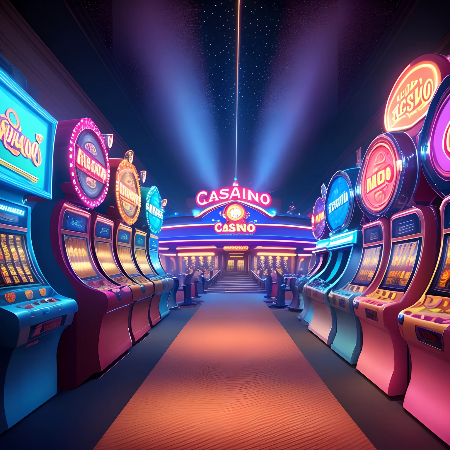 Front of a casino with several machines, Luzes borradas e pretas com LED rosa. pixar style image