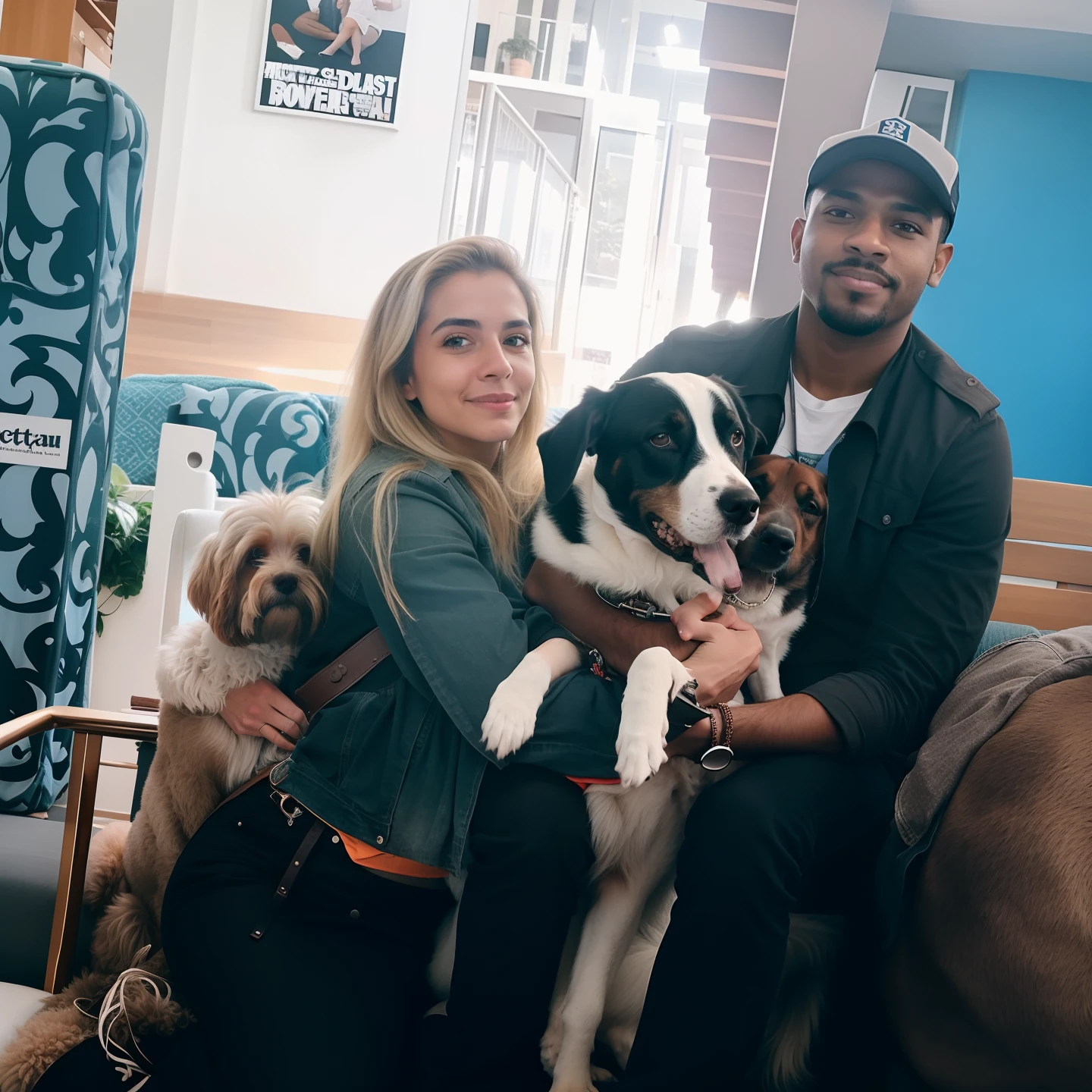 There's a man and a woman sitting on a couch with a dog, instagram post, Upload de alta qualidade, foto do instagram, em um shopping, Family photo, by Amelia Peláez, with dogs, foto do instagram, aparecer em um shopping center, Directed by: Nandor Soldier, foto de baixa qualidade, 📷 Mungojerrie e Rumpleteazer, em um shopping