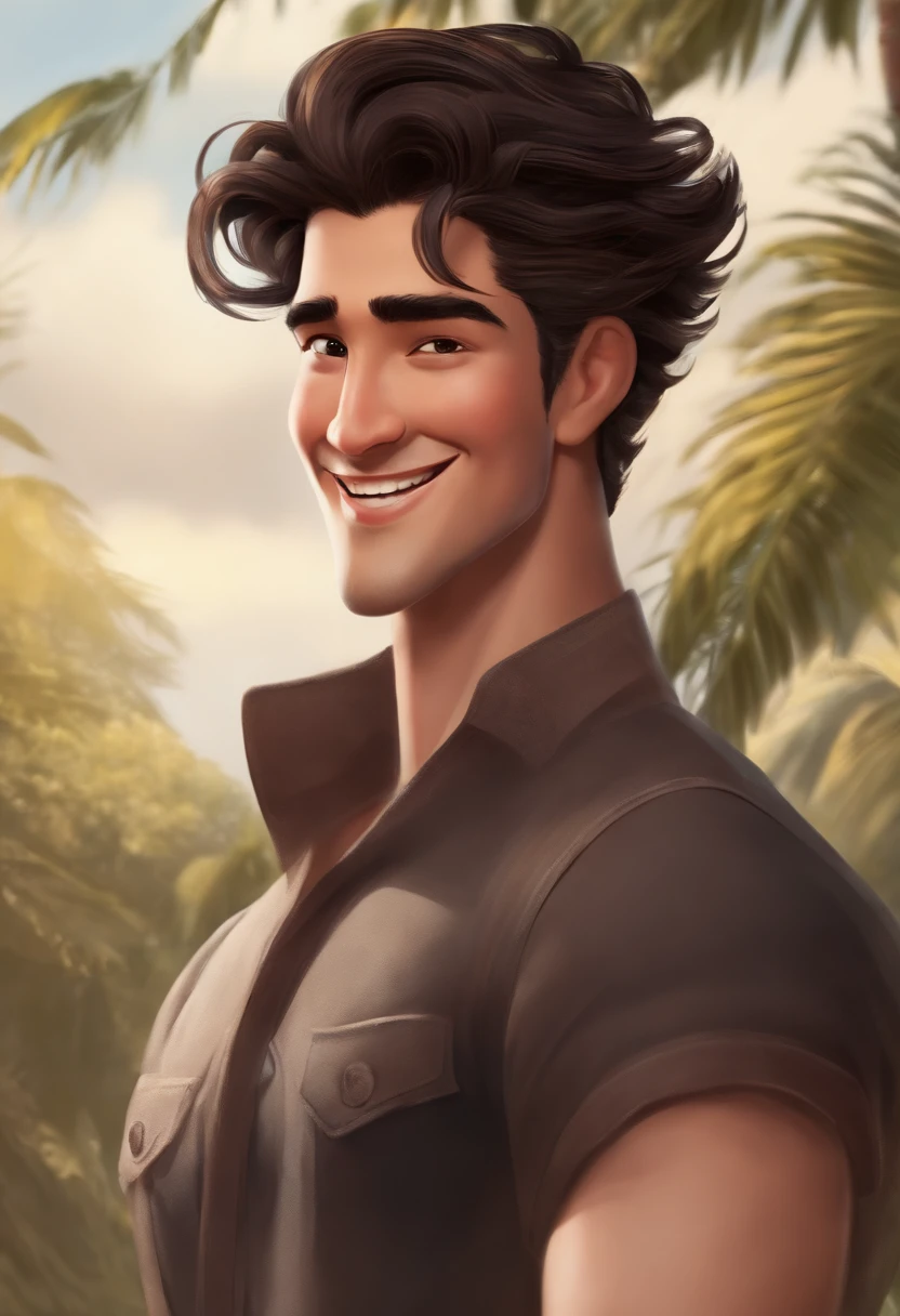 (best quality,Altas),Pixar style illustration,homem fino e curto,um menino com cabelo preto,Asian eyes and big smile,barba falhada