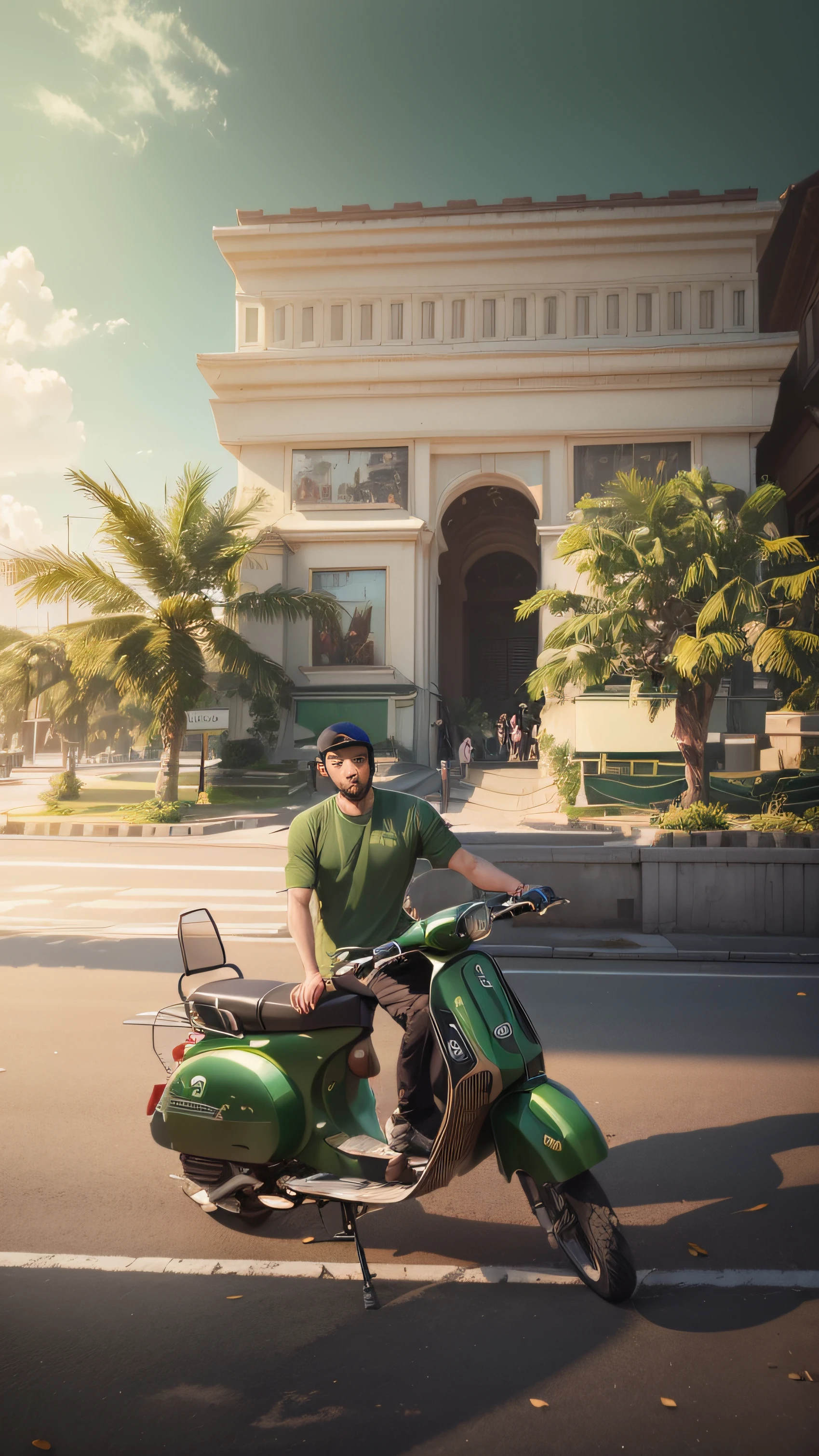 (hiperrealisme:1.1),(detail:1.2)8k,handsome korea boy, realistic face, detail face, 8k, ultra realistic, check background, bokeh, outdoor shorts, green T-shirt, snapback, beard, vespa