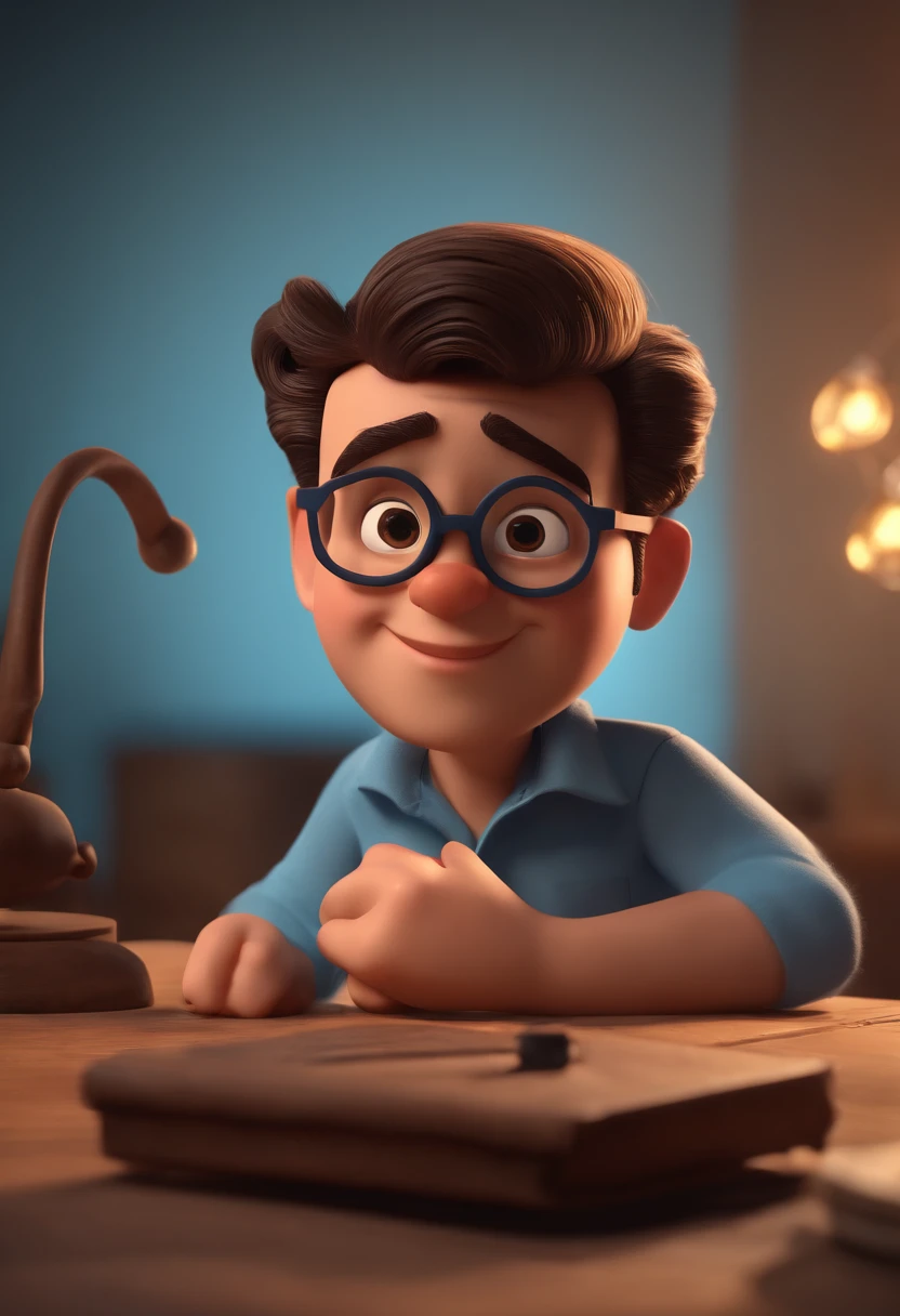 Cartoon character of a man with black glasses and a blue shirt, animation character, Caractere estilizado, animation style rendering, 3D estilizado, Arnold Maya render, 3 d render stylized, toon render keyshot, Personagem 3D, Personagem 3D, 3d rendering stylized, 3 d character render, personagem de desenho animado, Personagem de close up, Pose de personagem,  (Estilo Pixar) (master part:1.2) (Bokeh) (best quality) (pele detalhada) (textura detalhada) (8k) (argila) (Cinematic lighting) (foco nítido