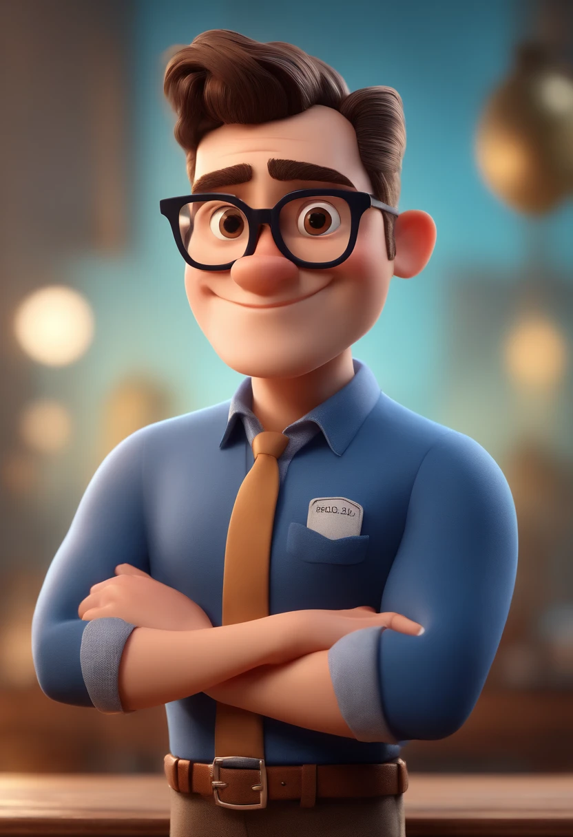 Cartoon character of a man with black glasses and a blue shirt, animation character, Caractere estilizado, animation style rendering, 3D estilizado, Arnold Maya render, 3 d render stylized, toon render keyshot, Personagem 3D, Personagem 3D, 3d rendering stylized, 3 d character render, personagem de desenho animado, Personagem de close up, Pose de personagem,  (Estilo Pixar) (master part:1.2) (Bokeh) (best quality) (pele detalhada) (textura detalhada) (8k) (argila) (Cinematic lighting) (foco nítido