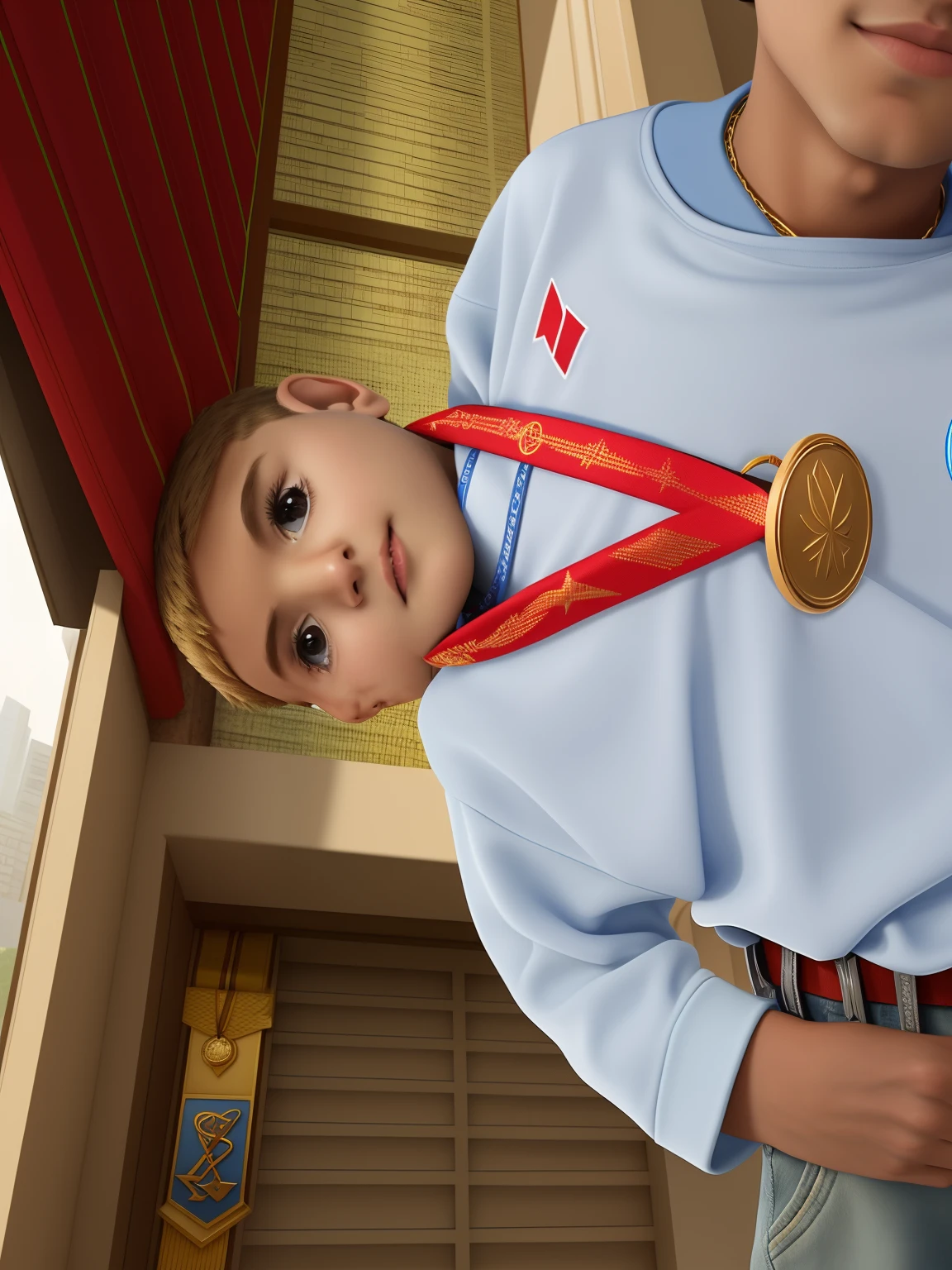 A boy with a medal around his neck, Aos 10 anos, fazer uma capa de um filme da Pixar, Place a title as a champion