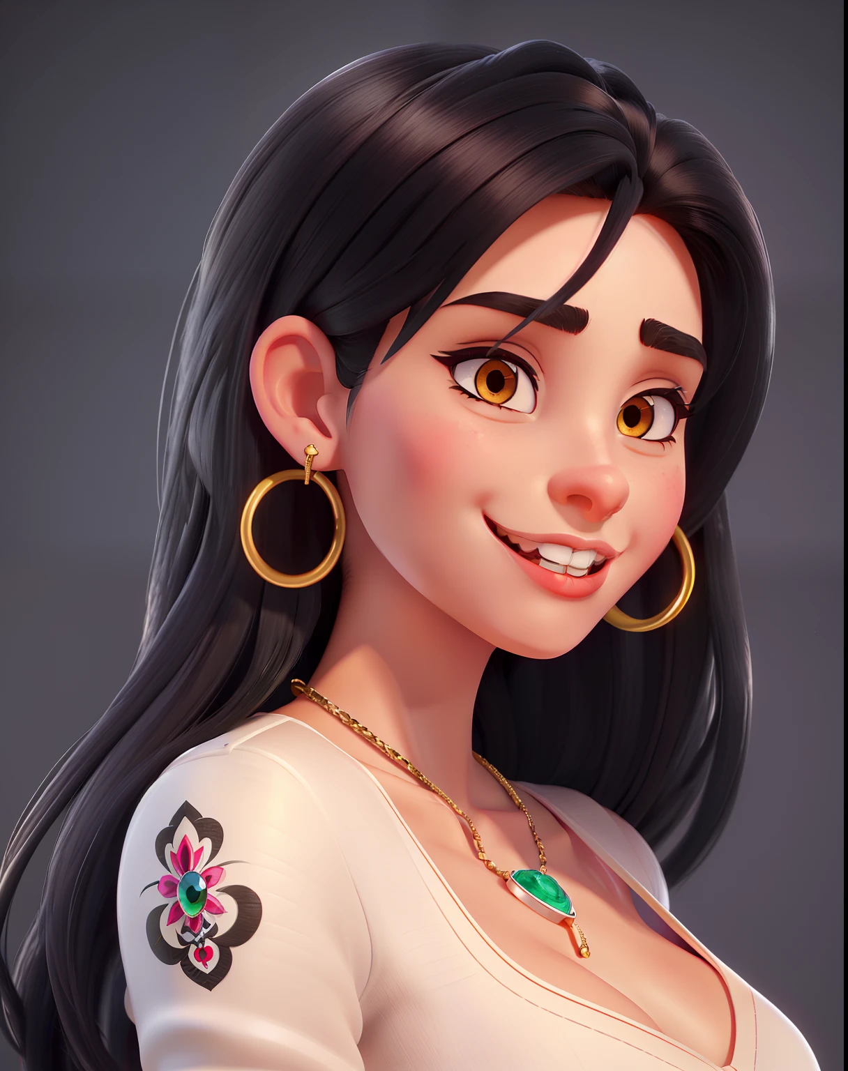 (a beautiful woman with long black hair, braces on her teeth and a nose piercing), oil painting, vibrant colors, detailed face and expression, glossy lips, piercing eyes, realistic skin texture, studio lighting