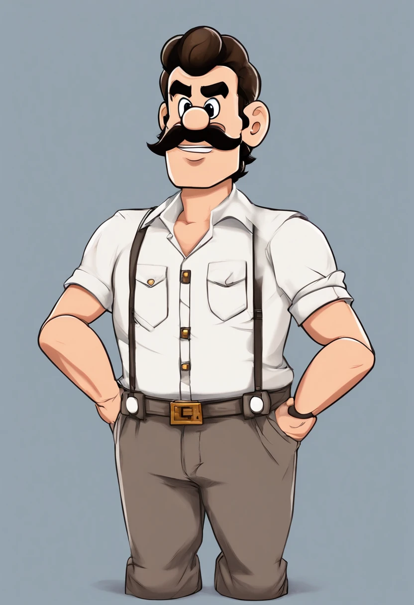 ((best quality)), ((master part)), ((desenhos animados realistas)), ((Personagem perfeito)) - Um retrato frontal meticulosamente detalhado e realista de Um homem com 37 anos, branco, meio gordo, olhos castanhos escuro, cabelos com cachos pequenos preto corte de cabelo com as leterais em degrade, wearing a thin silver chain around his neck, usando uma camisa na cor bege e bermuda preta, with arms crossed, with angry expression on a blue background