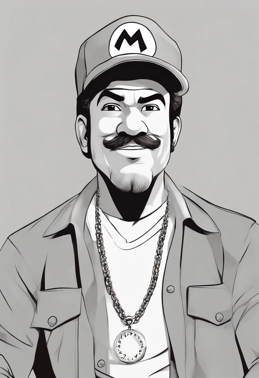 ((best quality)), ((master part)), ((desenhos animados realistas)), ((Personagem perfeito)) - Um retrato frontal meticulosamente detalhado e realista de Um homem com 37 anos, branco, meio gordo, olhos castanhos escuro, cabelos com cachos pequenos preto corte de cabelo com as leterais em degrade, wearing a thin silver chain around his neck, usando uma camisa na cor bege e bermuda preta, with arms crossed, with angry expression on a blue background
