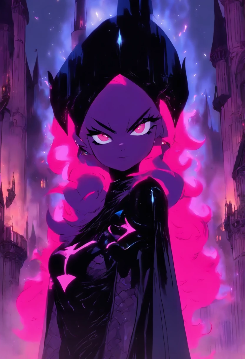 mulher alta, Madura 30 anos de idade, Her skin is totally purple in color, pele de cor roxa, your eyes are red, Her hair is dark red, ela usa um batom rosa claro, She has a pointed black crown that has several purple jewels on it, She is in her castle, In the bedroom of his dystopian medieval castle, The castle is black and gloomy, It has little clarity and is naturally obscure.., distopia, ((((She's just wearing a tight cape that covers her body))))), ((((ela esta usando um manto preto apertando)))), Her breasts are giant, ((((Pawns)))), seus peitos tem silicone, ((((Extraordinary big boobs)))), ((((seios gigantescos)))), coxas grossas e inchadas, ((((corpo grande)))), corpo inchado, coxas firmes, The ass is huge, , Bundona, bunda siliconada, ((((expression would be)))) {artistic work} {melhor qualidade} {4K HD |} {distopia} {foco frontal} {FOCO NA MULHERER}