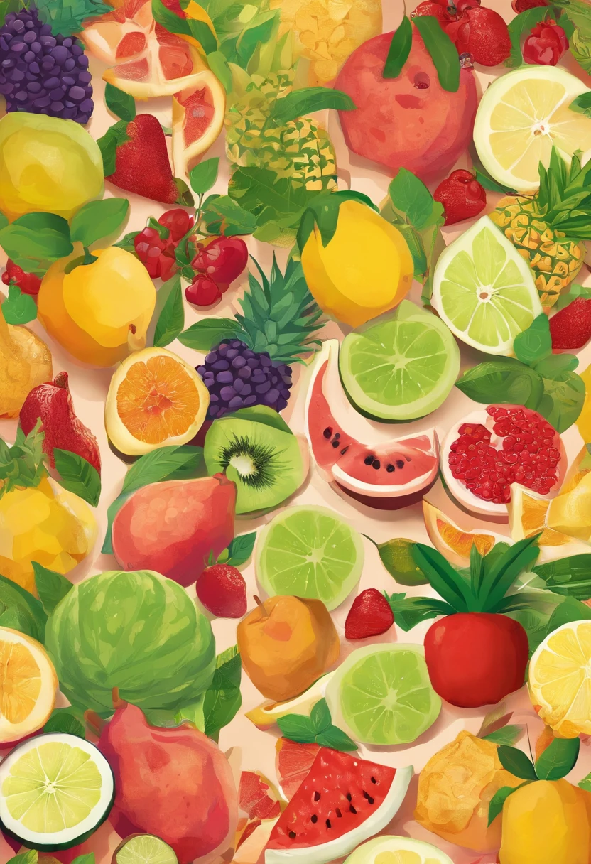 Show de frutas em uma mesa farta de alimentos alegres.