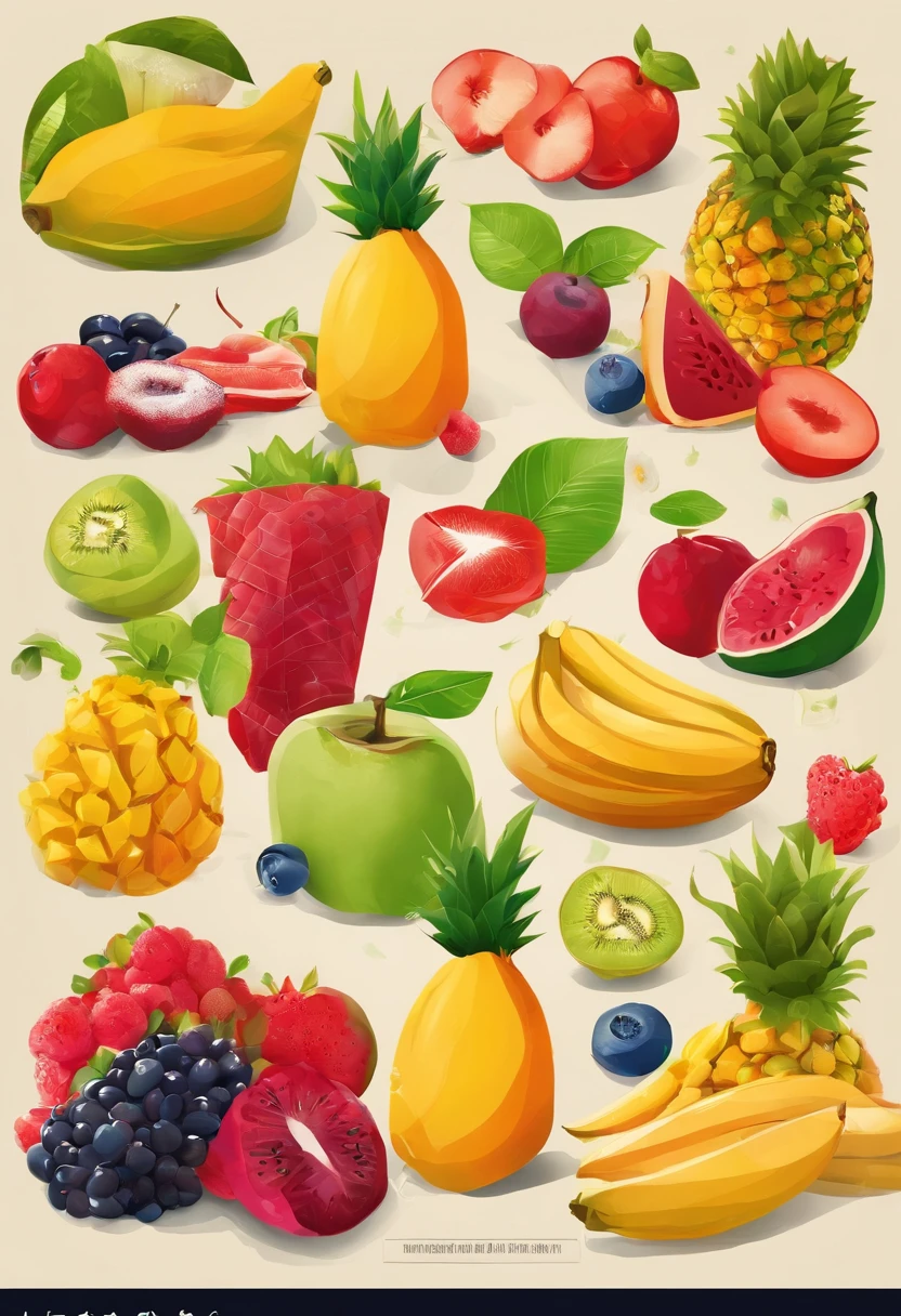 Show de frutas em uma mesa farta de alimentos alegres.