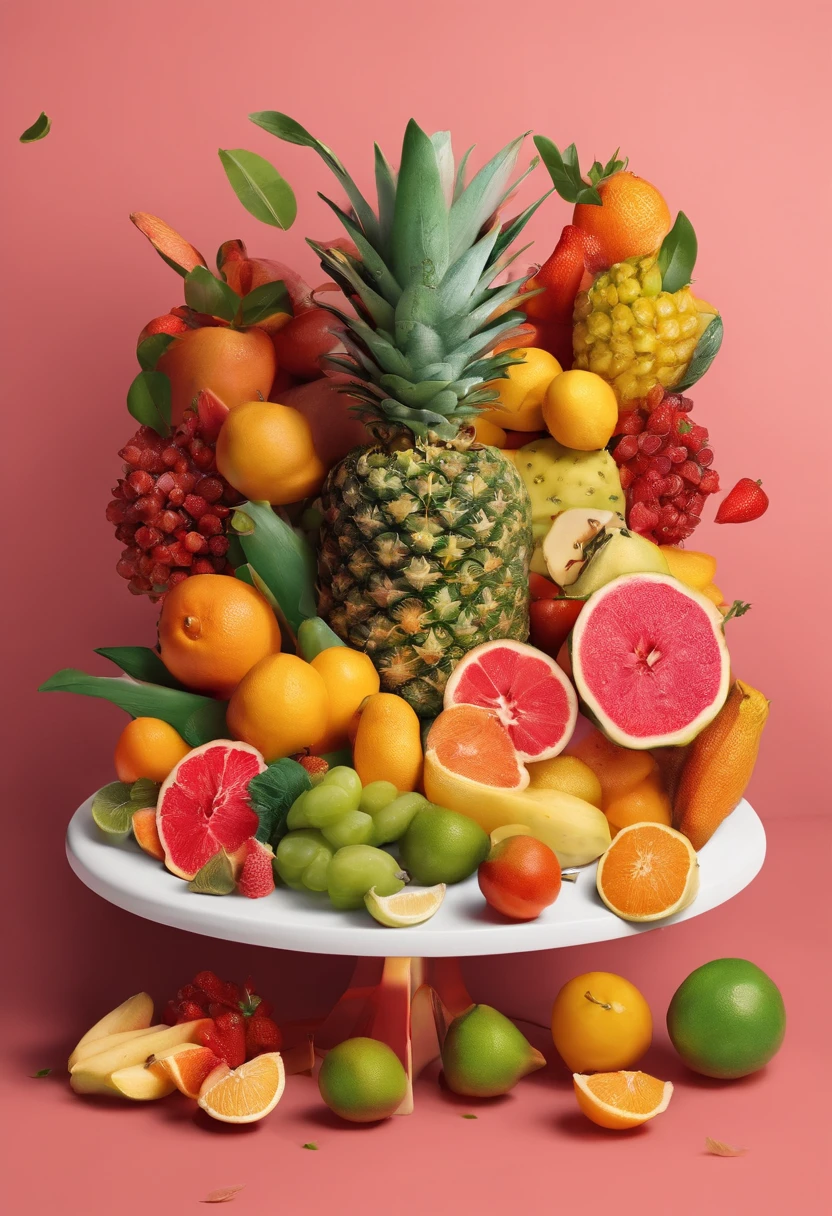 Show de frutas em uma mesa farta de alimentos alegres.