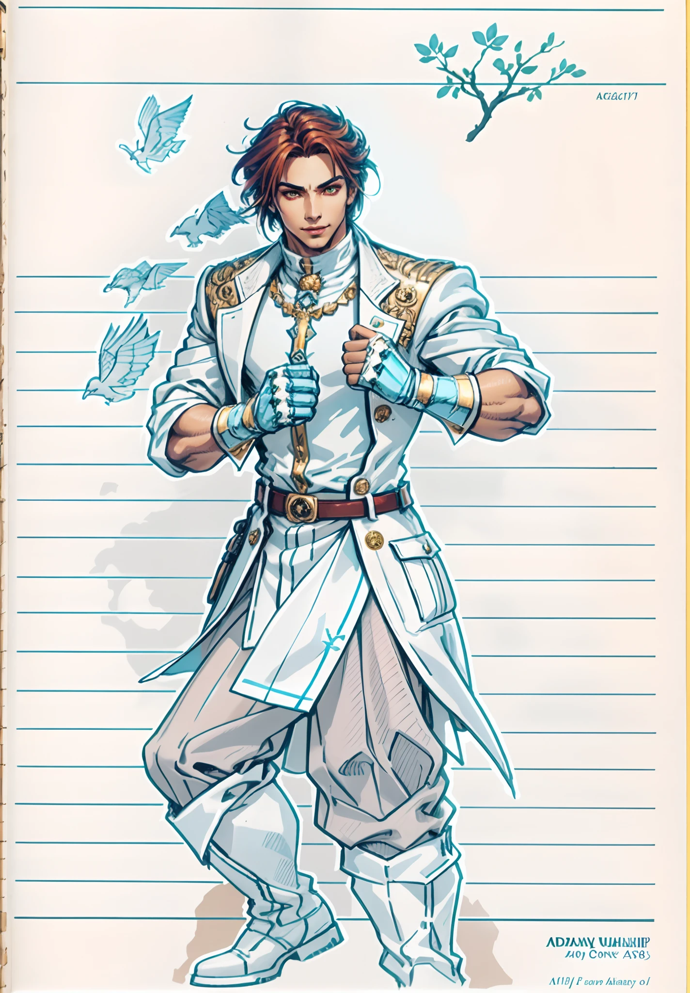 A young man, auburn hair, a center-parted back hairstyle, dark skin, narrow eyes, a cunning smile, a two-piece fantasy-reality style outfit, a white undershirt, a dark formal-style coat, wearing gloves, matching trousers with the outfit, has metallic-adorned knee-high boots, striking a boxing pose, against a background of horizon, this character embodies a finely crafted fantasy-reality style fighter in anime style, characterized by an exquisite and mature manga illustration art style, high definition, best quality, highres, ultra-detailed, ultra-fine painting, extremely delicate, professional, anatomically correct, symmetrical face, extremely detailed eyes and face, high quality eyes, creativity, RAW photo, UHD, 8k, Natural light, cinematic lighting, masterpiece-anatomy-perfect, masterpiece:1.5, tan skin