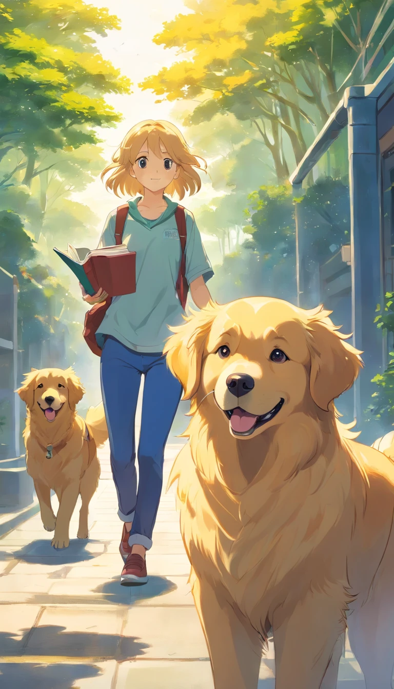 Golden Retriever junto com seus cinco filhotes, desenho, livro infantil