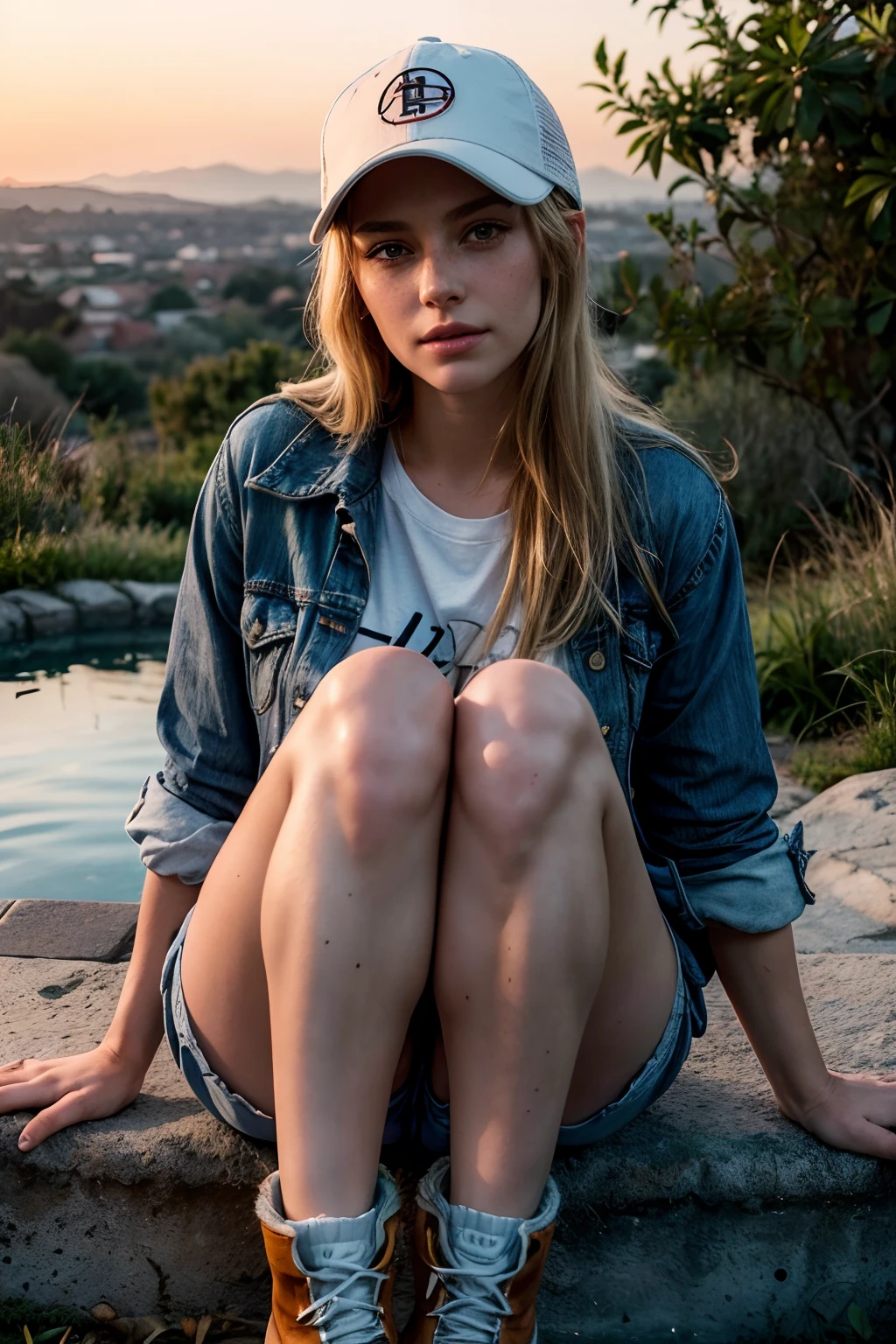 1 woman, 30yo,realistic photo, raw, close-up portrait:1.5, she's beside a natural blue lagoon hot-springs, travertine, outside, sun has just set, orange red sky, backlit (hot-springs steam:1.1) , (she's wearing tshirt, a colorful hand-made jacket, jean shorts and fuzzy warm boots),(she has worn baseball trucker hat:1.2) on, hat has sunflower patch on front, hat is pulled down to her eyes, (relaxed intimate photoshoot), blonde hair, beautiful face, joyful woman, slight smile, she's happy here, perfect dusk, cozy relaxed, looking into the camera, beautiful hands, kind eyes, (exterior is beautiful landscape:1.6), gorgeous extraordinary natural sunset lighting:1.4, sunset colors, incredible details, ((high contrast)), (deep, darkest shadows), (shadow details:1.0), ((taken using Leica camera, aperture: f/2.3)) , hyper-realistic skin, pores and freckles, (she has blonde hair, long and messy), healthy sun-kissed skin, blushing, her arms relaxed, blankets around her, relaxed moment, she's in dark with natural light glow, (romantic light:1.2), radiant skin, perfectly framed face, perfect relaxed hands, perfect fingers, (perfect portrait, incredible eyes:1.1), a work of art, beautiful composition, golden ratio, playful joy, inspiring, (highest quality fabric texture), every detail,Fine facial features – (Highest Quality) ,Leica camera film, High quality ○○ detailed – ○○ details ultra detailed(Ultra-fine ), Photorealistic, Extremely detailed(Extremely detailed) , (highest detail image, lens flare, realistic)○○ res – ○○ resolution ultra high res(A high resolution),playfully sexy and relaxed photos