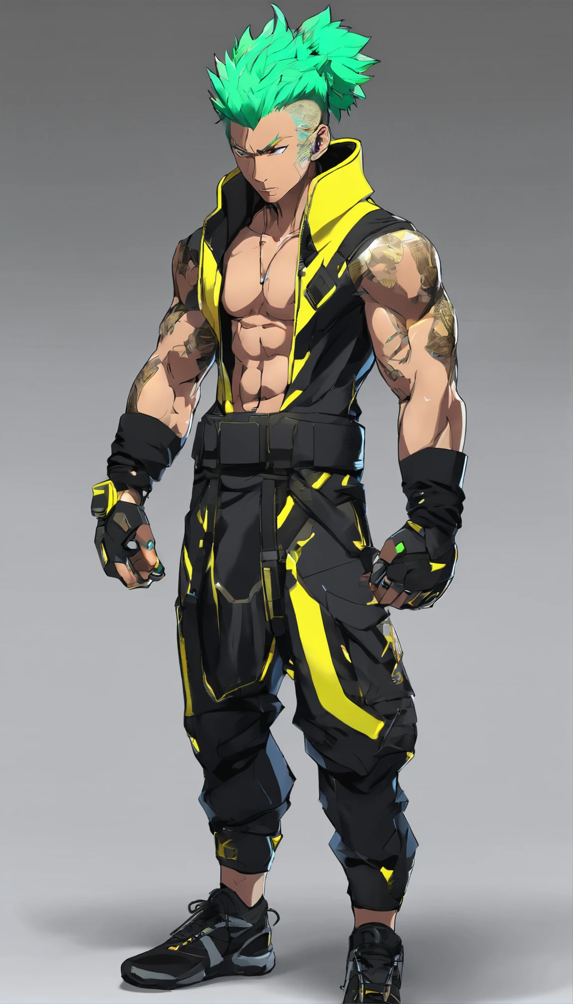 Wukong, full body, Green hair, of a shirtless, style of anime, Bright yellow skin, Super muscular, white background, punching, scream, erotic, ripped clothes