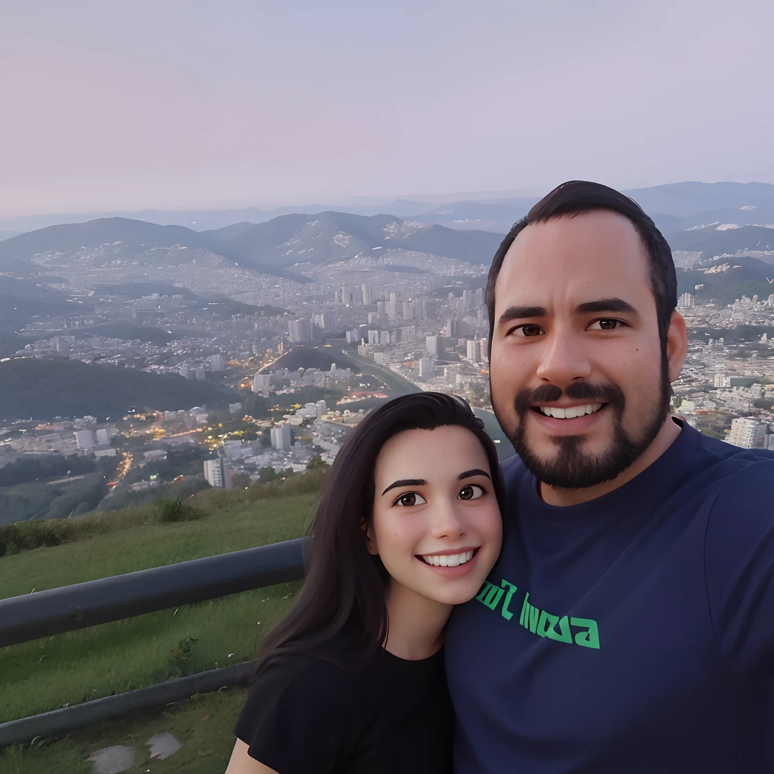 They are posing for a photo on a hill overlooking a city, com uma cidade em segundo plano, com montanhas ao fundo, Cidade em segundo plano, Directed by: Nandor Soldier, com montanhas no fundo, com montanhas como pano de fundo, In Sao Paulo, em uma montanha, cidade em segundo plano, during sunset, cidade em segundo plano, no topo de uma montanha