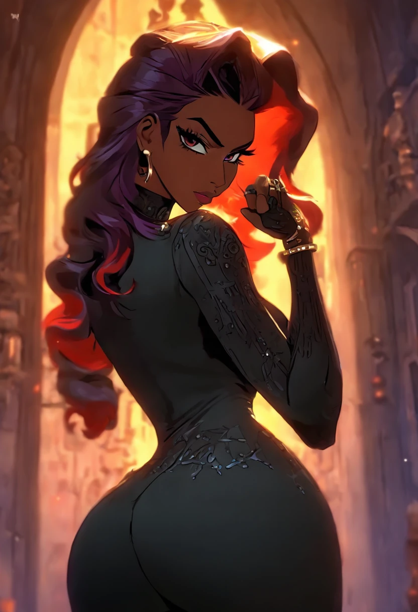 mulher alta, Madura 30 anos de idade, Her skin is totally purple in color, pele de cor roxa, your eyes are red, Her hair is dark red, ela usa um batom rosa claro, She has a pointed black crown that has several purple jewels on it, She is in her castle, In the bedroom of his dystopian medieval castle, The castle is black and gloomy, It has poor clarity and is naturally obscure.., distopia, (((Bodysuit preto |, pintado em, totalmente coberto, couro preto))), (((Bodysuit preto |, pintado em, totalmente coberto, couro preto))), ((((seios gigantescos)))), Her breasts are giant, ((((Assinatura Grande)))), ((((Pawns)))), seus peitos tem silicone, Extraordinary big boobs, coxas grossas e inchadas, ((((corpo grande)))), corpo inchado, coxas firmes, dele ((((The ass is huge)))), ((((bunda gigante)))), Bundona, bunda siliconada, ((((expression would be)))) {artistic work} {melhor qualidade} {4K HD | |} {distopia}