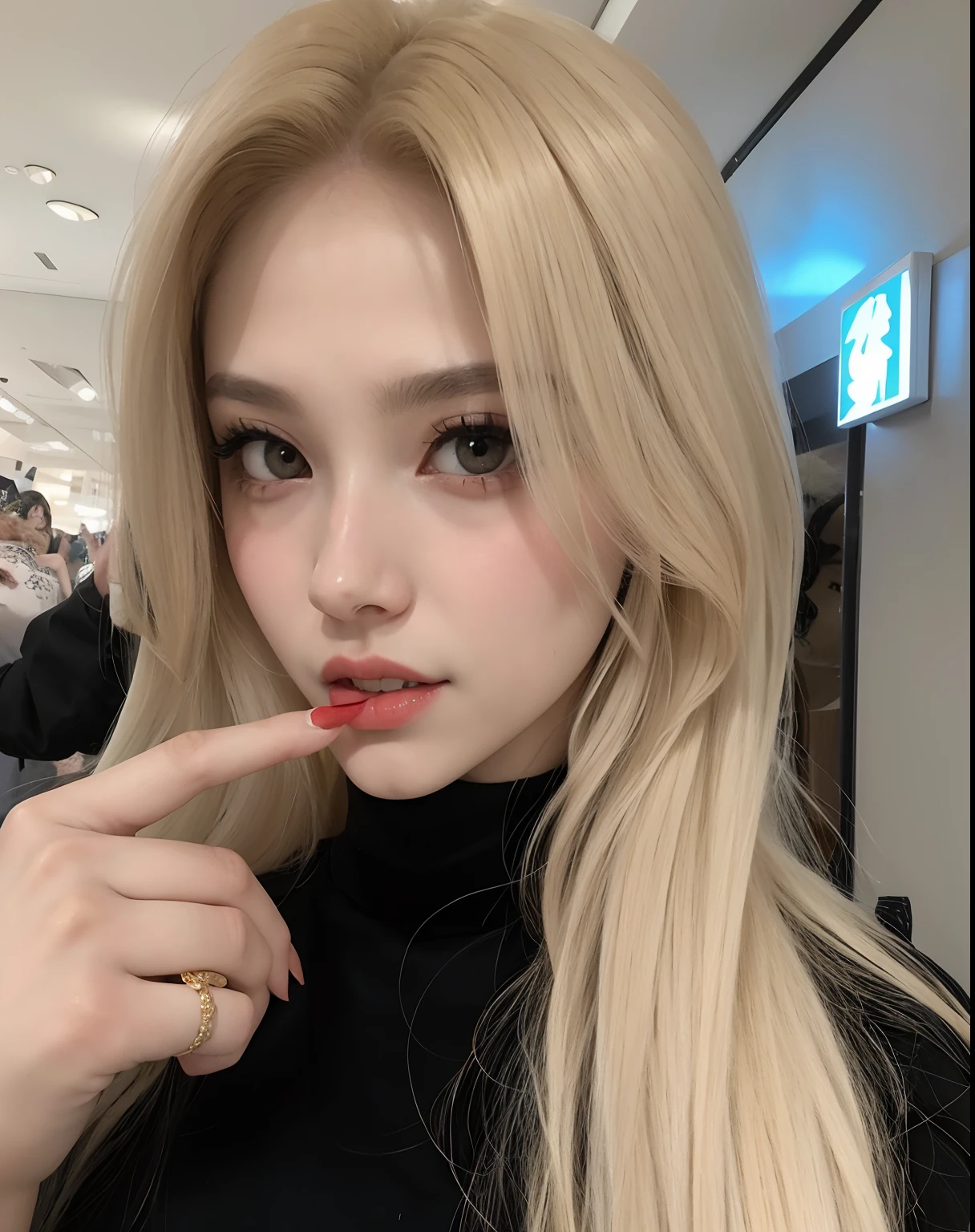 Blonde woman with long hair and ring pointing at camera, Jeon Somi, con vestimenta de catrina y maquillaje de catrina, with pale skin, Hermosa mujer surcoreana, Chica coreana , Cabello largo y rubio y ojos grandes, 18 years old
