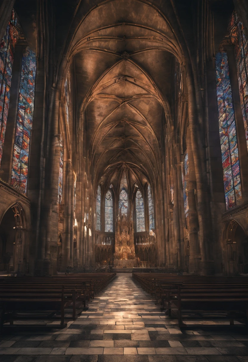 Highly Detailed Landscape Photography of An  (bearded, rough Brown skinned, (middle aged)) unidentified human being (barely visible), having heart to heart conversation toward his/her Lord, expecting redemption, spiritual vibe, Raw, Realistic, Motion Picture, Cinematic, HDR,  (realistic:1.3), finely detailed, quality, (masterpiece:1.2), (photorealistic:1.2), (best quality), extremely detailed skin, (intricate details), panoramic, dramatic, photo-realistic portrayal, photographic masterpiece, nature lighting [Notre Dame Cathedral: entire entrance HDR ], Middle Ages Era Cathedral, illuminaty, secret society, Sun Ray reflected crystal clear marble floor, stoned artifacts of Jesus Christ crucified, Masterpiece, Depressing but bring  surrounding, Metalcore, film grain, Sony A7, 35mm, ((photorealistic):1.1), (raw, 8k:1.2), dark, muted colors, slate atmosphere, RAW candid cinema, 16mm, 33mm, color graded portra 400 film, remarkable color, ultra-realistic, textured skin, extraordinary detailed pupils, realistic dull skin noise, visible skin detail, skin fuzz, dry skin, shot with the cinematic camera, detailed skin texture, (blush:0.5), subsurface scattering, RAW, Top best quality, masterpiece, 128 fps, realistic depth, extreme detailing, ARRI ALEXA 35 Production Set (15mm Studio), 128-bit color depth, film arain. Fujifilm XT3, 80mm, 60 fps, candid shot, Hasselblad X1D, dutch angle shot,