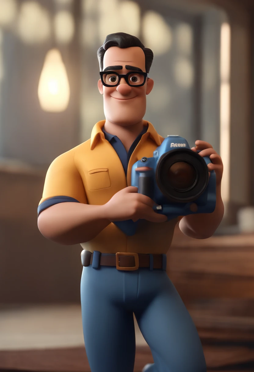 Cartoon character of a man wearing black glasses and a blue shirt, um personagem animado, Caractere estilizado, animation style rendering, 3D estilizado, Arnold Maya render, 3 d render stylized, toon render keyshot, Personagem 3D, Personagem 3D, 3d rendering stylized, 3 d character render, personagem de desenho animado, Personagem de close up, Pose de personagem, (Estilo Pixar) (master part:1.2) (Bokeh) (best quality) (pele detalhada) (textura detalhada) (8k) (argila) (Cinematic lighting) (foco nítido，Senta e vaza a parte superior do corpo