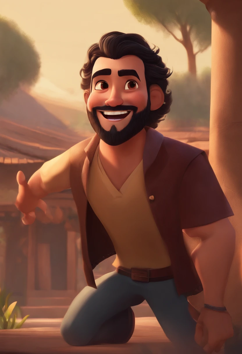 (best quality,Altas),Pixar style illustration,homem fino e curto,com cabelo preto,Asian eyes and big smile,barba falhada