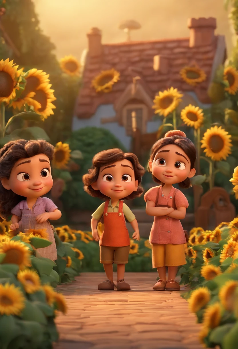 Create a Disney PIXAR-style 3D poster. ((centro da imagem, Triplets)), ((3 children)) ((3 meninas ao lado, They're hugging each other, 1 menina tem pele clara, olhos e cabelos escuros e cacheados, e a outra menina tem pele morena, olhos escuros e cabelos escuros e lisos)) ((tudo isso no estilo Disney PIXAR 3D, In the background, A house of sunflowers, Gloria Studio, The garden is full of nature 3D render RTX clay material, estilo de design cartunesco, POP Mart, soft lighting, linhas suaves, Spring tilt, Detailed illustrations of PIXAR 3D, Detalhes hiper-realistas, cor quente no estilo Disney PIXAR 3D))