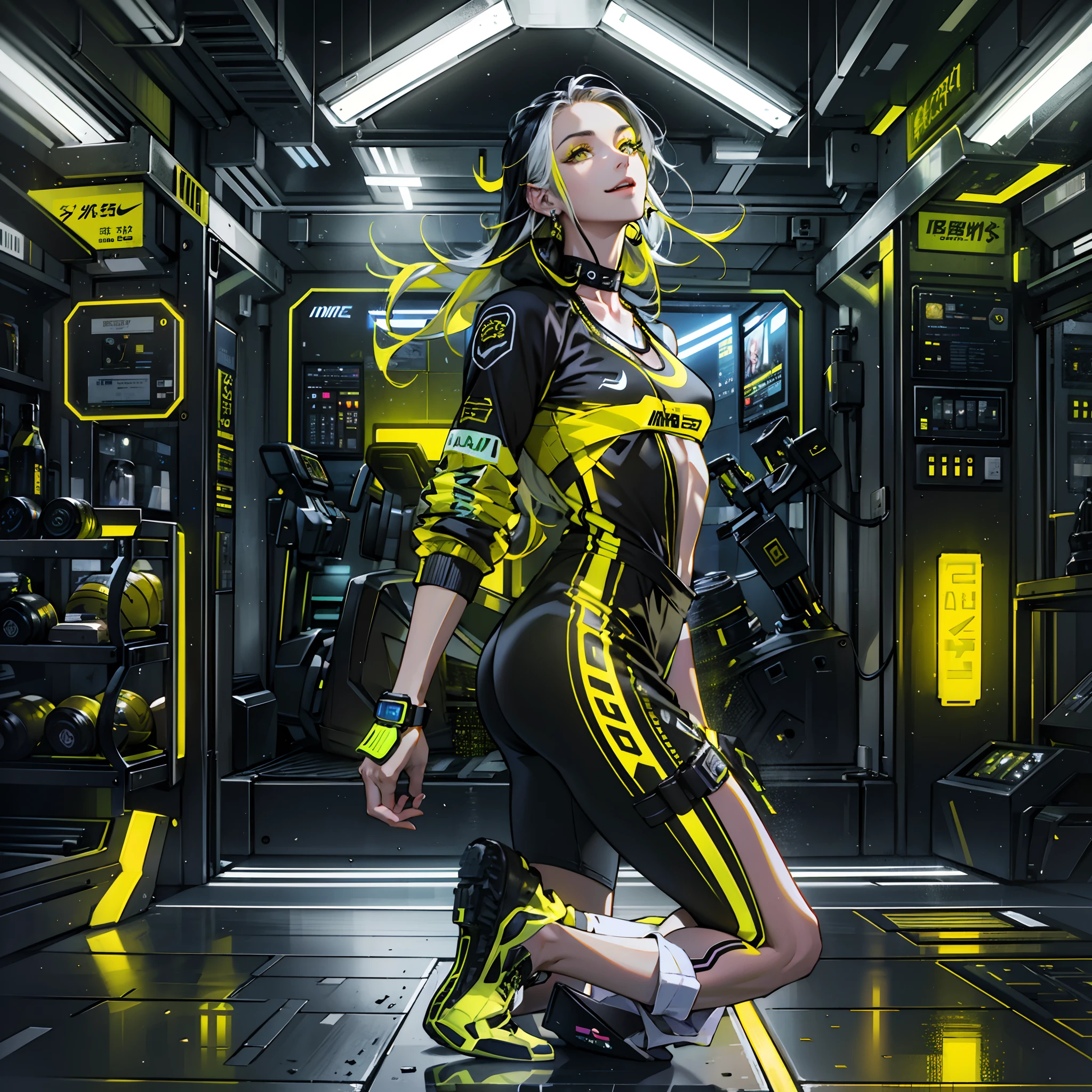 Best quality,tmasterpiece,Ultra-high resolution fills the picture,Indoor at night,the night,Indoor neon lights,Yellow color scheme,Rich egg yellow,Silvery-white hair,Yellow and black tights,Yellow and black color scheme clothing,Sporty skirts,the complex background,Gym interior background,Weight instruments in the background,High-tech screen in the background,Lateral face,Smiling,Dress less,There are fitness elements in the rear,nike,nike,nike,Tech gym,Perfect makeup,Love eyes,8K quality,Cyberpunk,sense of science and technology,Character backlighting,rim-light,Movement changes,Flowing hairstyle,Loose hairstyle,The number of fingers is refined,Full body in camera,9 doppelganger diagram,Luminous stud earrings,Luminous digital necklace,Electronic digital watches,The most beautiful girl in mankind,Delicate close-up of the face,Realistic image quality,Super light and shadow,Very good figure,Meticulous,Arrow symbol,Brand sense,English slogan neon,Runway lights,Fitness gym at night,Very good figure,Raised sexy,luminous,Faraway view,Full body in camera,独奏,There is only one character,femele
