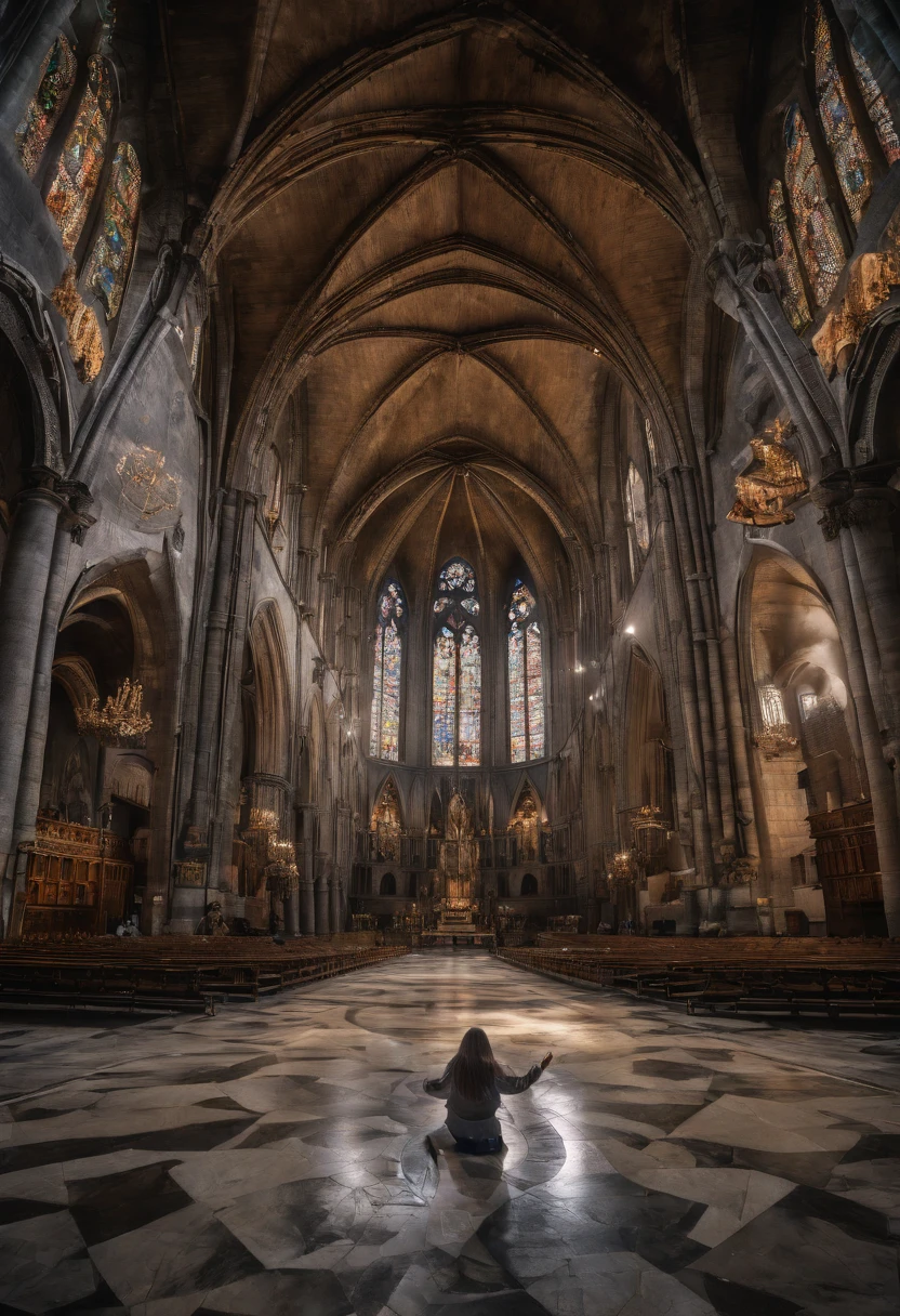 Highly Detailed Landscape Photography of An  (bearded, rough Brown skinned, (middle aged)) unidentified human being (barely visible), having heart to heart conversation toward his/her Lord, expecting redemption, spiritual vibe, Raw, Realistic, Motion Picture, Cinematic, HDR,  (realistic:1.3), finely detailed, quality, (masterpiece:1.2), (photorealistic:1.2), (best quality), extremely detailed skin, (intricate details), panoramic, dramatic, photo-realistic portrayal, photographic masterpiece, nature lighting [Notre Dame Cathedral: entire entrance HDR ], Middle Ages Era Cathedral, illuminaty, secret society, Sun Ray reflected crystal clear marble floor, stoned artifacts of Jesus Christ crucified, Masterpiece, Depressing but bring  surrounding, Metalcore, film grain, Sony A7, 35mm, ((photorealistic):1.1), (raw, 8k:1.2), dark, muted colors, slate atmosphere, RAW candid cinema, 16mm, 33mm, color graded portra 400 film, remarkable color, ultra-realistic, textured skin, extraordinary detailed pupils, realistic dull skin noise, visible skin detail, skin fuzz, dry skin, shot with the cinematic camera, detailed skin texture, (blush:0.5), subsurface scattering, RAW, Top best quality, masterpiece, 128 fps, realistic depth, extreme detailing, ARRI ALEXA 35 Production Set (15mm Studio), 128-bit color depth, film arain. Fujifilm XT3, 80mm, 60 fps, candid shot, Hasselblad X1D, dutch angle shot,