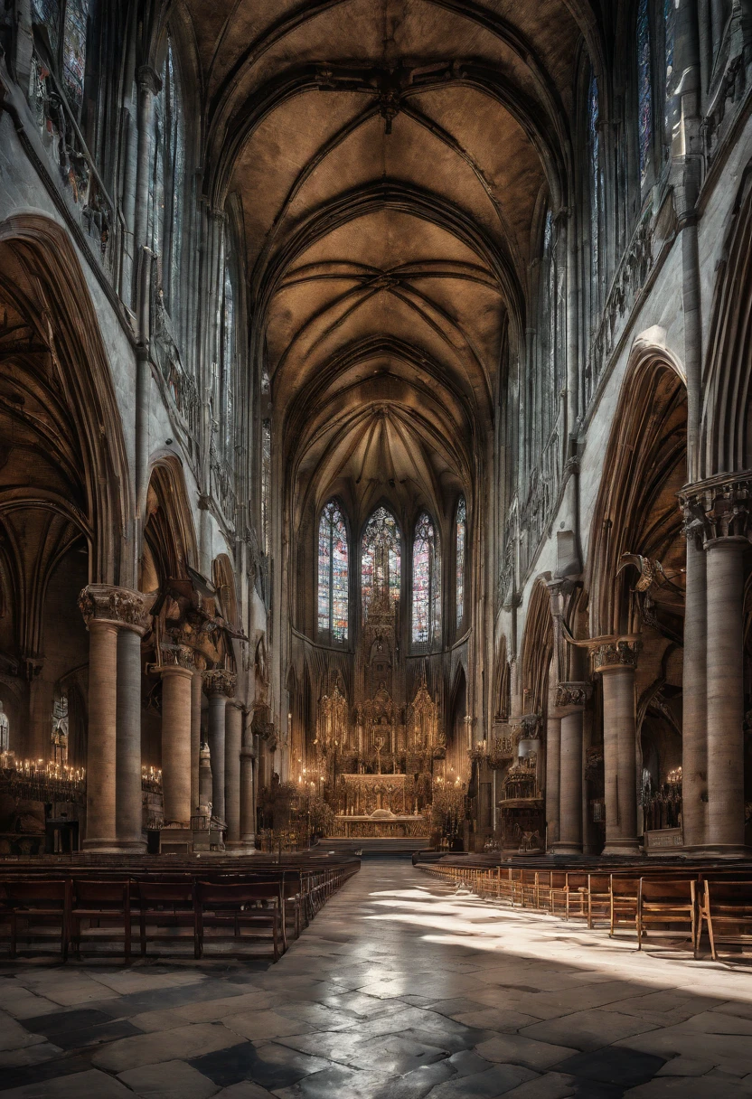 Highly Detailed Landscape Photography of An  (bearded, rough Brown skinned, (middle aged)) unidentified human being (barely visible), having heart to heart conversation toward his/her Lord, expecting redemption, spiritual vibe, Raw, Realistic, Motion Picture, Cinematic, HDR,  (realistic:1.3), finely detailed, quality, (masterpiece:1.2), (photorealistic:1.2), (best quality), extremely detailed skin, (intricate details), panoramic, dramatic, photo-realistic portrayal, photographic masterpiece, nature lighting [Notre Dame Cathedral: entire entrance HDR ], Middle Ages Era Cathedral, illuminaty, secret society, Sun Ray reflected crystal clear marble floor, stoned artifacts of Jesus Christ crucified, Masterpiece, Depressing but bring  surrounding, Metalcore, film grain, Sony A7, 35mm, ((photorealistic):1.1), (raw, 8k:1.2), dark, muted colors, slate atmosphere, RAW candid cinema, 16mm, 33mm, color graded portra 400 film, remarkable color, ultra-realistic, textured skin, extraordinary detailed pupils, realistic dull skin noise, visible skin detail, skin fuzz, dry skin, shot with the cinematic camera, detailed skin texture, (blush:0.5), subsurface scattering, RAW, Top best quality, masterpiece, 128 fps, realistic depth, extreme detailing, ARRI ALEXA 35 Production Set (15mm Studio), 128-bit color depth, film arain. Fujifilm XT3, 80mm, 60 fps, candid shot, Hasselblad X1D, dutch angle shot,