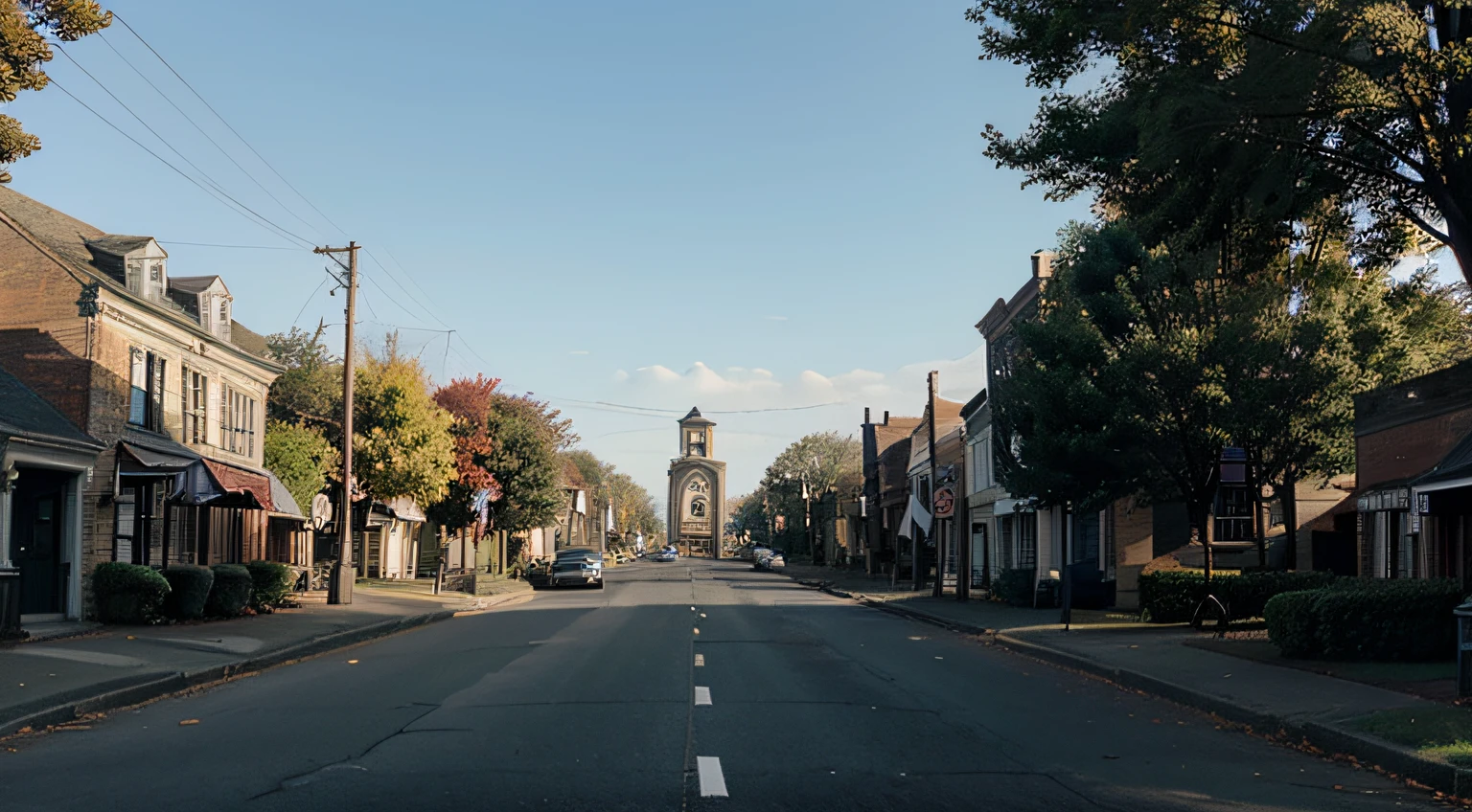 An image of Haddonfield, the quaint and spooky town, with a bright sunny morning.