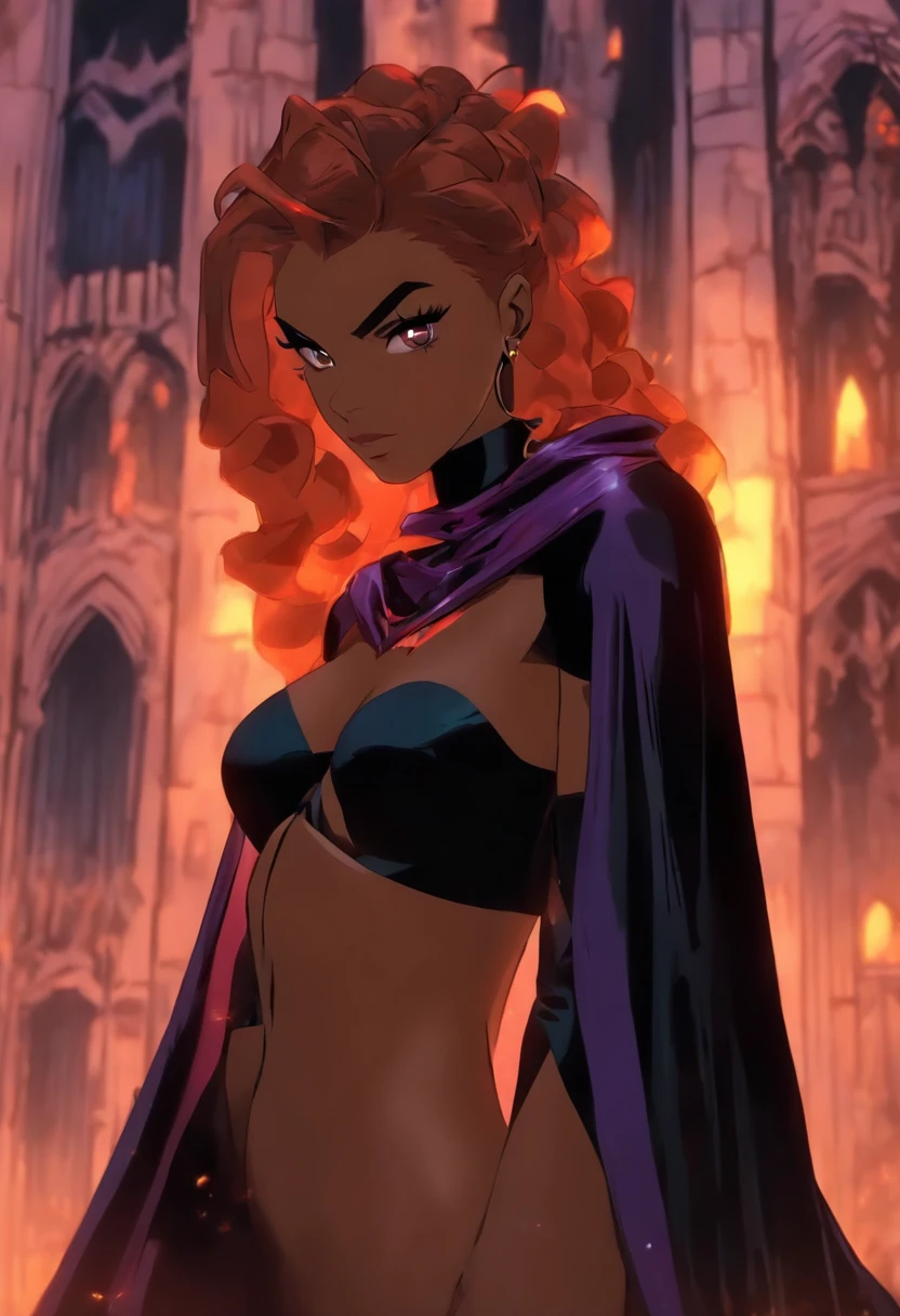 mulher alta, Madura 30 anos de idade, Her skin is totally purple in color, pele de cor roxa, your eyes are red, Her hair is dark red, ela usa um batom rosa claro, She has a pointed black crown that has several purple jewels on it, She is in her castle, In the bedroom of his dystopian medieval castle, The castle is black and gloomy, It has little clarity and is naturally obscure.., distopia, ((((She's just wearing a tight cape that covers her body))))), ((((ela esta usando um manto preto apertando)))), Her breasts are giant, ((((Firma grande)))), ((((Pawns)))), seus peitos tem silicone, Extraordinary big boobs, coxas grossas e inchadas, ((((corpo grande)))), corpo inchado, coxas firmes, dele ((((The ass is huge)))), ((((bunda gigante)))), Bundona, bunda siliconada, ((((expression would be)))) {artistic work} {melhor qualidade} {4K HD |} {distopia} {foco frontal} {FOCO NA MULHERER}
