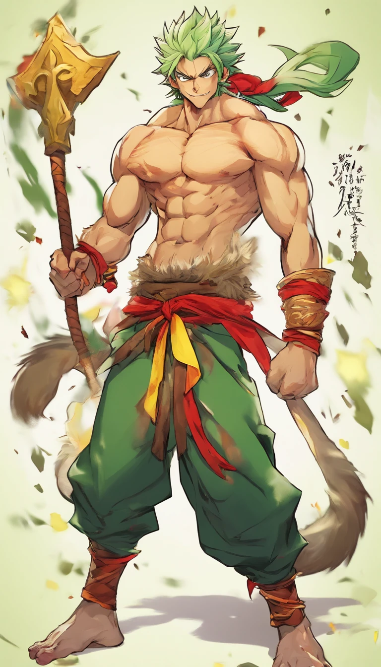 Wukong, full body, Green hair, of a shirtless, style of anime, 8 pack abs, huge bulge,erotic, extremely masculine muscular person,Bright yellow skin, Super muscular, white background, punching, scream, erotic, ripped clothes