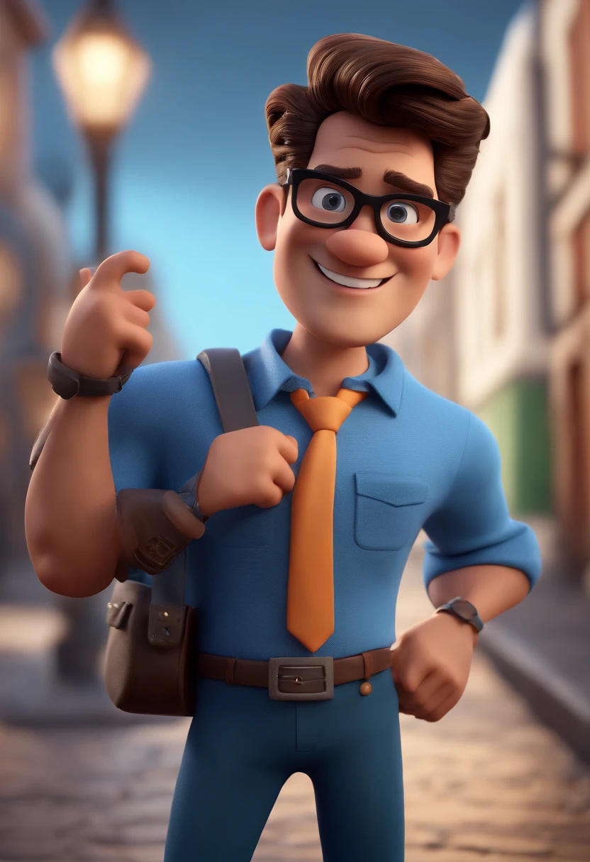 Cartoon character of a man with black glasses and a blue shirt, animation character, Caractere estilizado, animation style rendering, 3D estilizado, Arnold Maya render, 3 d render stylized, toon render keyshot, Personagem 3D, Personagem 3D, 3d rendering stylized, 3 d character render, personagem de desenho animado, Personagem de close up, Pose de personagem, (Estilo Pixar) (master part:1.2) (Bokeh) (best quality) (pele detalhada) (textura detalhada) (8k) (argila) (Cinematic lighting) (foco nítido